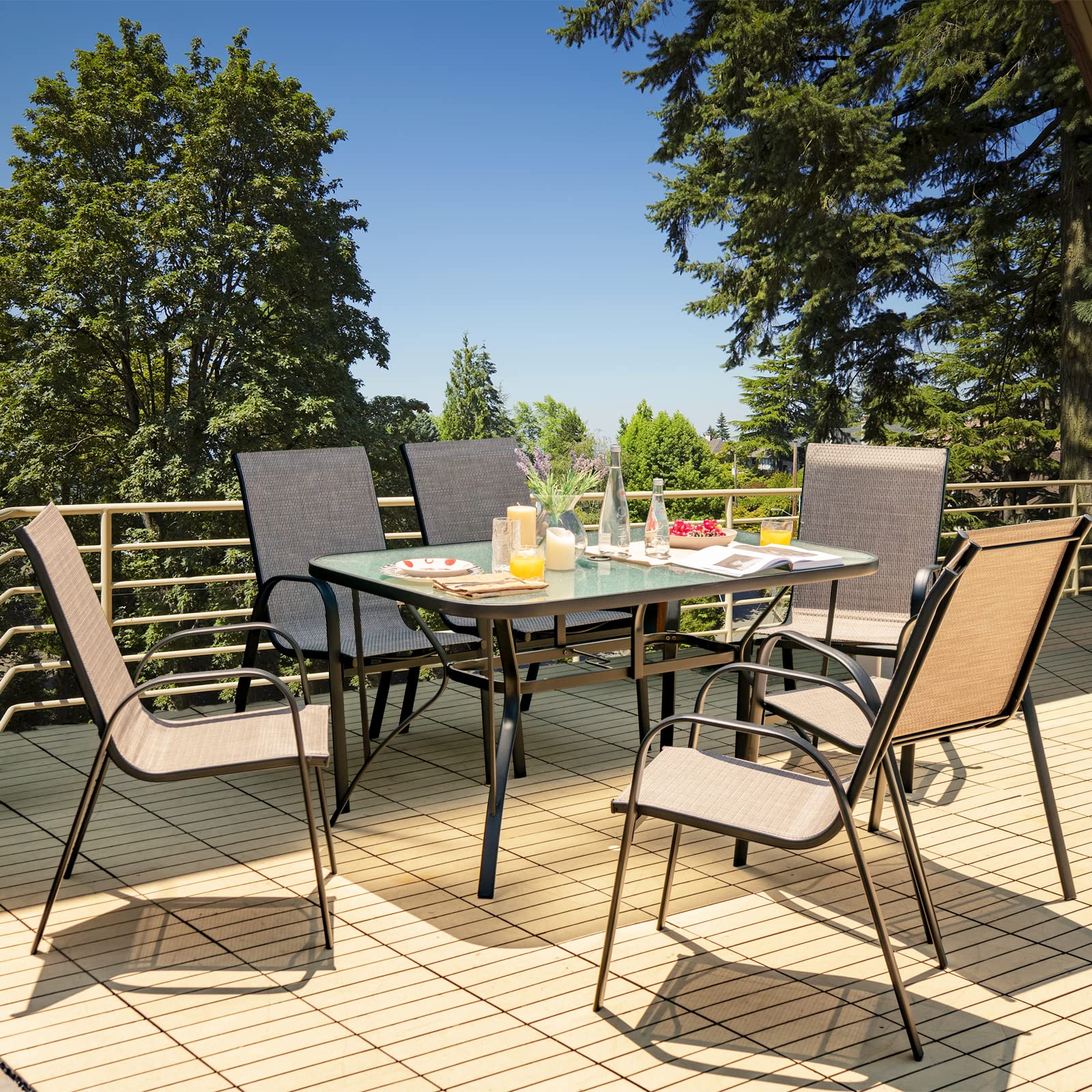 Tangkula 55-Inch Rectangle Patio Dining Table for 6 with Umbrella Hole - Tempered Glass Top & Steel Frame - Outdoor Dining Set for Backyard, Poolside, Balcony, Garden Parties & BBQ Gatherings