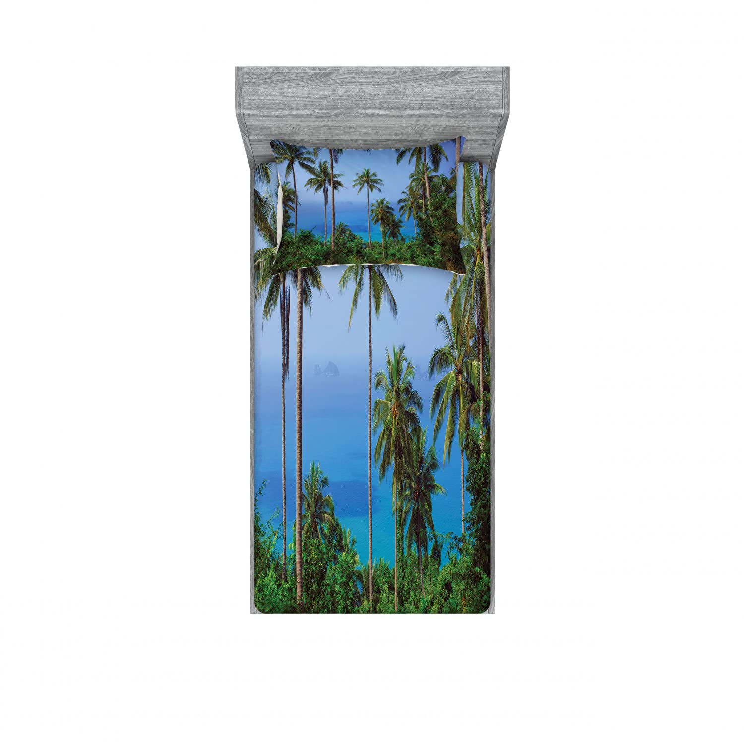 Ambesonne 2-Piece Tropical Ocean Jungle Beauty Twin Fitted Sheet Set with 2 Pillow Shams - Blue Green Bedding Decor for Beach House, Guest Room & Vacation Home Decor