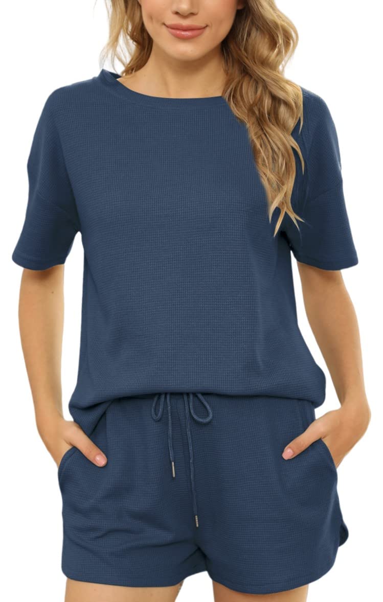 Zesoyne Women's Waffle Knit Pajama Set - Short Sleeve Top & Shorts with Pockets | Soft Loungewear for Sleep, Relaxing at Home, and Vacation Comfort
