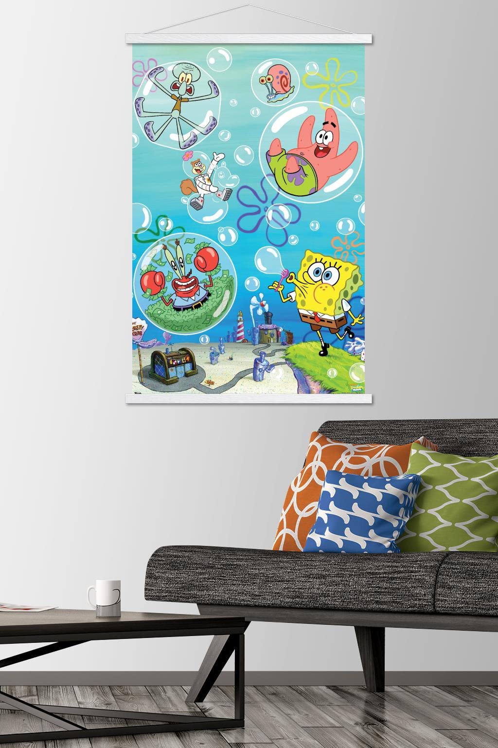 Nickelodeon Spongebob Squarepants Bubbles Wall Poster - 22.37x34 Inch Premium Print with White Hanger | Kids Room Decor, Birthday Gift, Cartoon Themed Bedroom