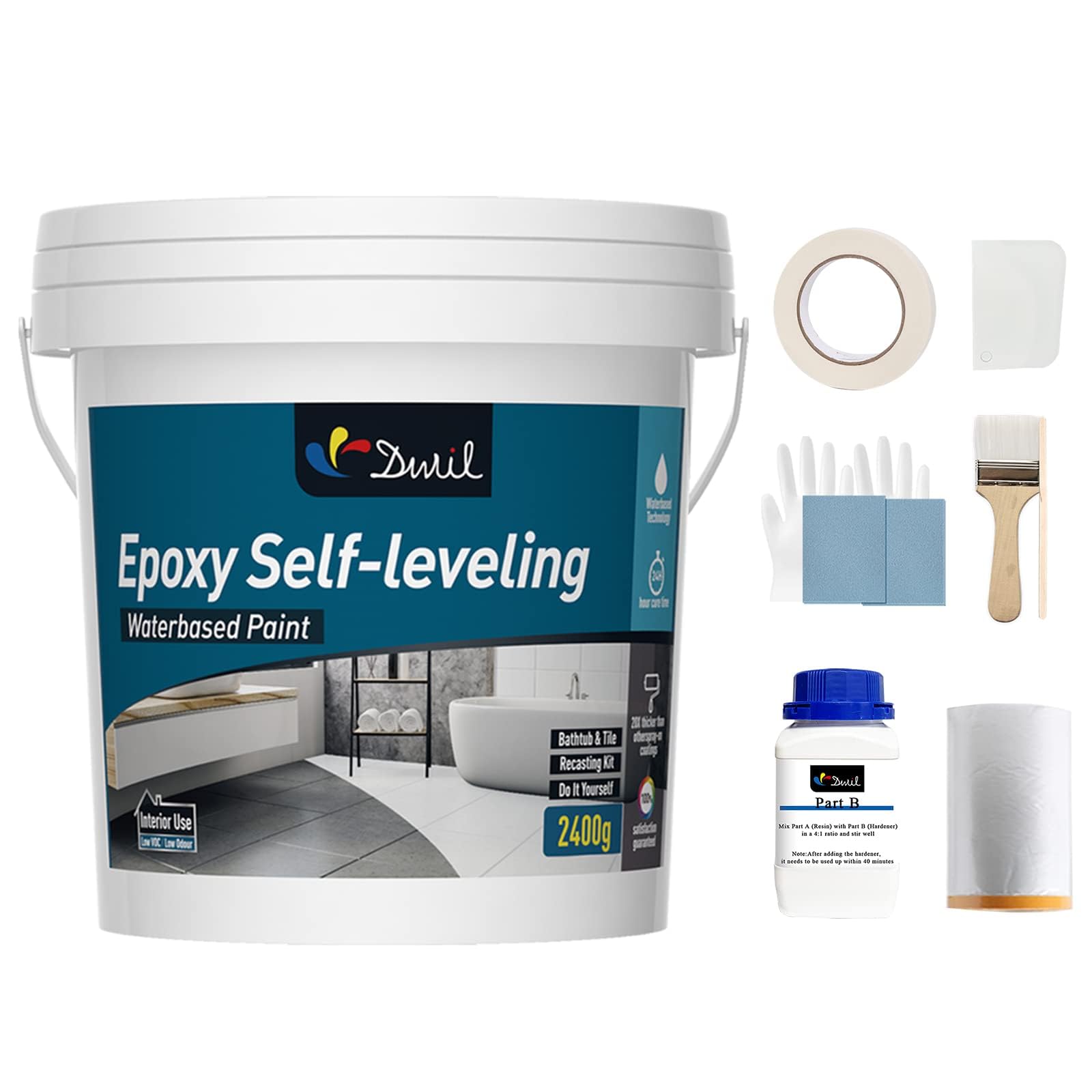 DWIL Tub Refinishing Kit - Epoxy Bathtub Paint & Tile Paint, Self-Leveling, Low Odor, 20X Thicker Than Regular Sink Paint (Bright Gloss White, 1 Bathtub Size) - Perfect for Bathroom & Kitchen Renovation, DIY Home Improvement Projects