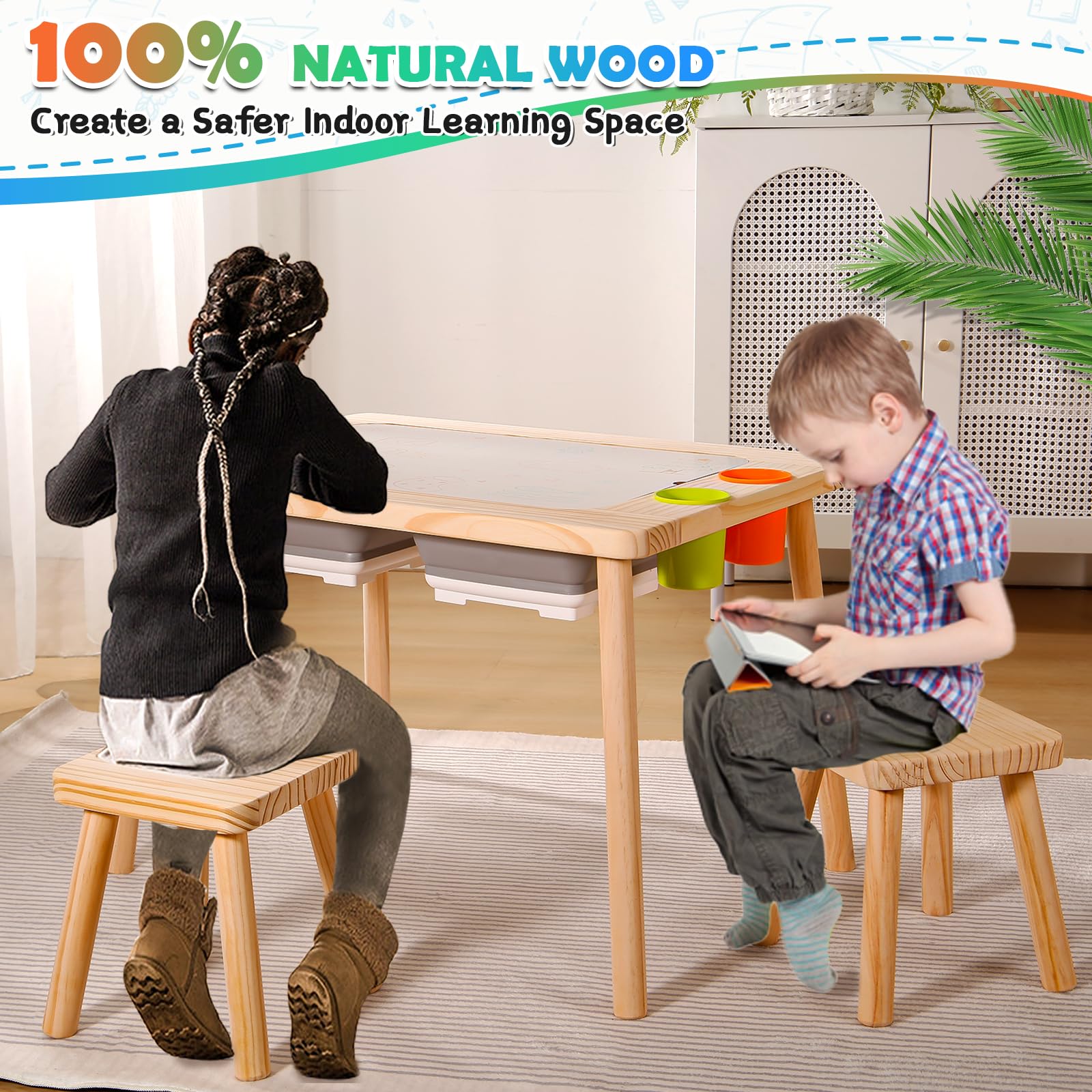 **Kids Sensory Table with 2 Stools & Storage Bins - Multifunctional Toddler Play Sand & Art Activity Table for Indoor Learning, Drawing & Creative Play - Perfect for Preschool, Daycare & Home Use**