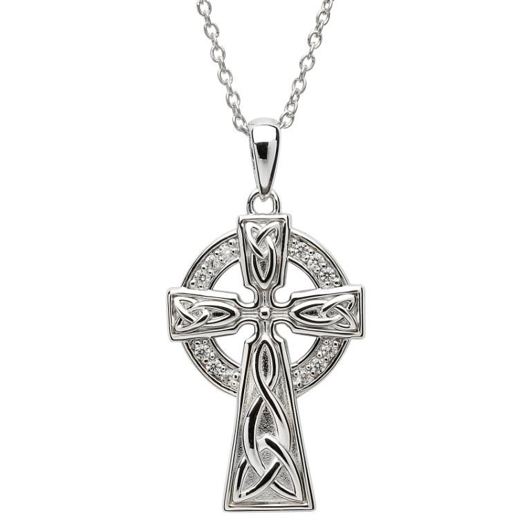 Celtic Trinity Knot Silver Cross Pendant - Large Stone Set for Women, Men, Jewelry Gift for Anniversary, Wedding, Christmas - Perfect for Celtic Heritage, Spiritual Protection & Fashion Accessory