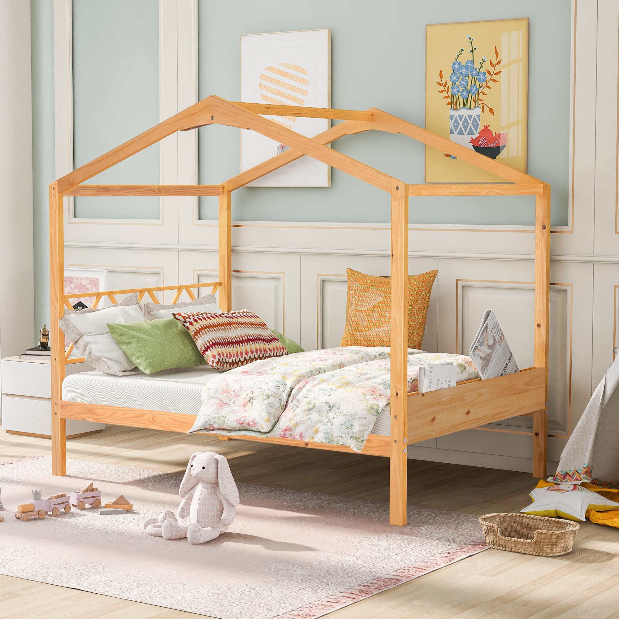 Wooden House Bed Frame for Kids - Full Size Low Canopy Platform Bed with Farmhouse Headboard & Slat Support (No Box Spring Needed) - Perfect for Nursery, Bedroom or Playroom Decor