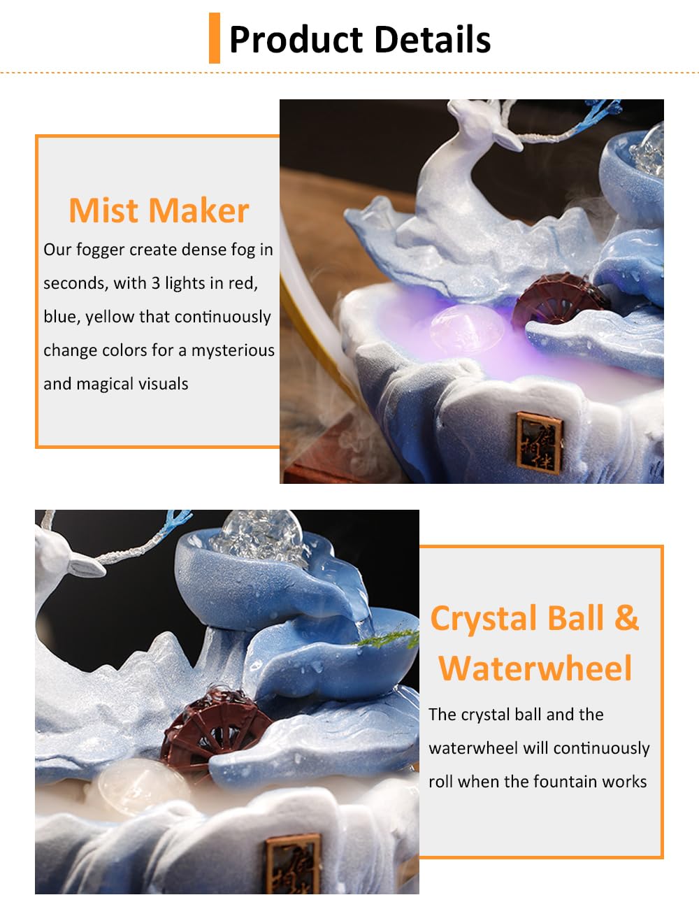 Deer Tabletop Water Fountain with LED Mist Light & Backflow Incense - Japanese Zen Decor for Home, Office, Living Room, Bedroom - Perfect for Meditation, Relaxation & Stress Relief (Blue)