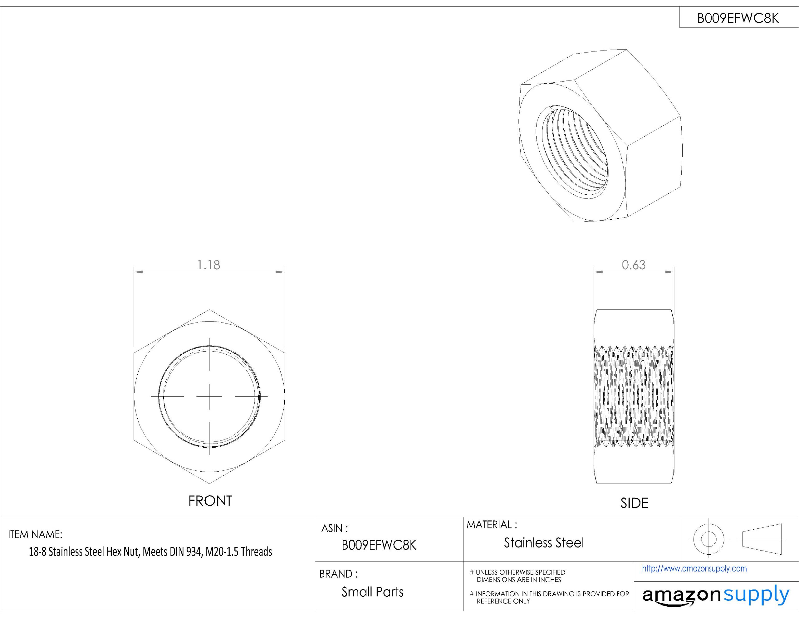 Small Parts 18-8 Stainless Steel Hex Nut, Plain Finish, DIN 934, M20-1.5 Thread, 30mm Width, 16mm Thick - Ideal for Industrial Machinery and Construction Projects