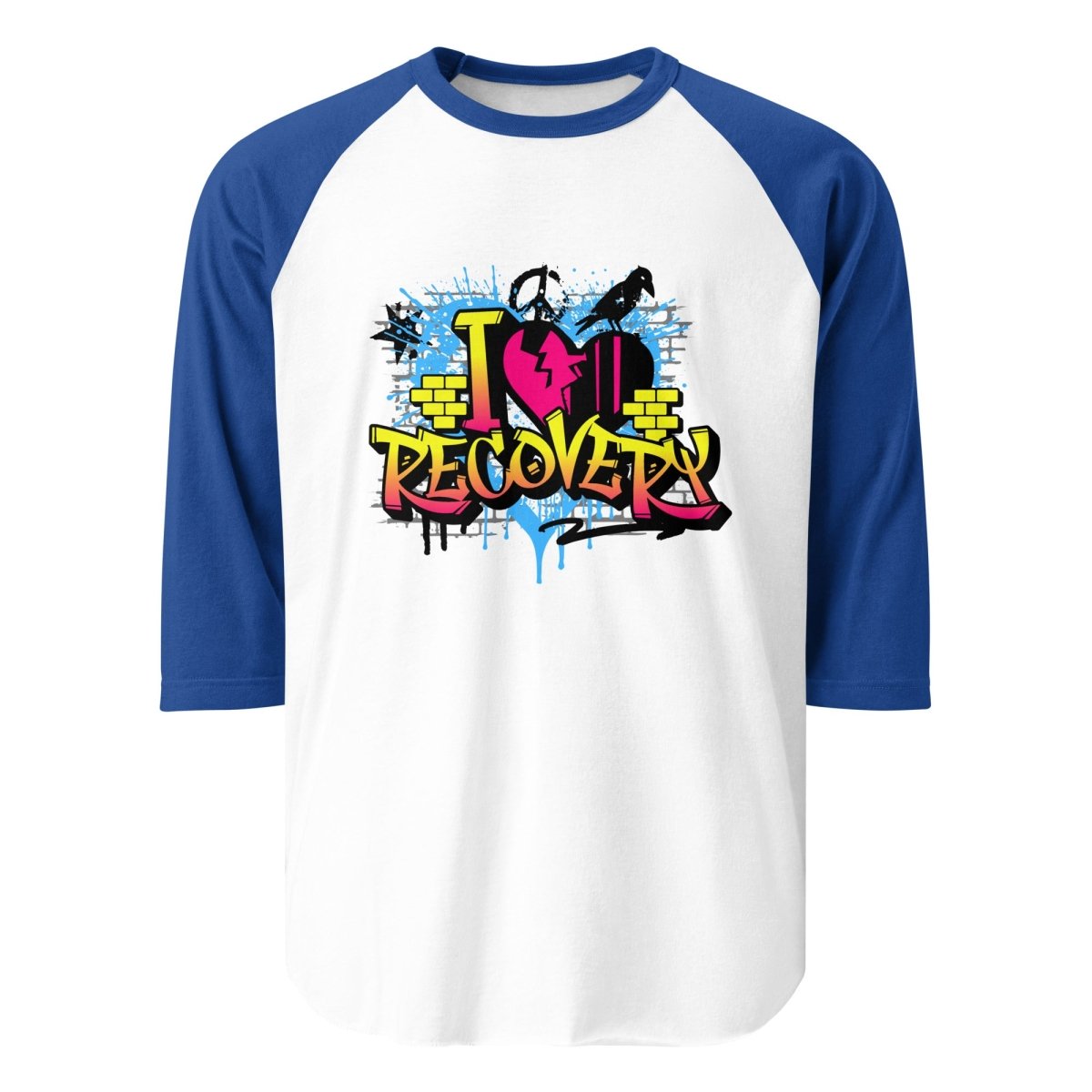 I Heart Recovery 3/4 Sleeve Raglan Shirt with Graffiti Design - Comfortable & Stylish Tee for Casual Wear, Workout, and Street Fashion