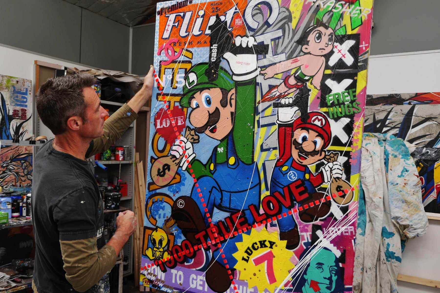 140cm x 100cm Mario and Luigi Textured Urban Pop Art Canvas Painting - Super Bros Wall Decor for Game Room, Living Room & Office