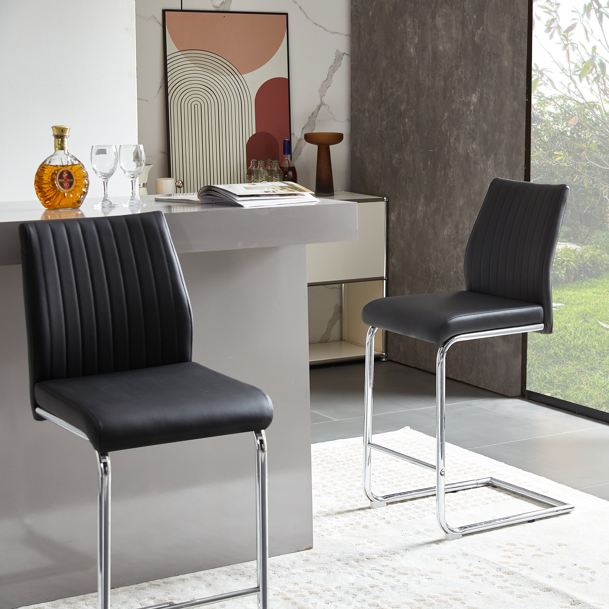 Modern Black PU Leather Bar Stools Set of 2 - Chrome Metal Frame Counter Height Chairs for Kitchen Island, Dining Room & Home Bar Decor