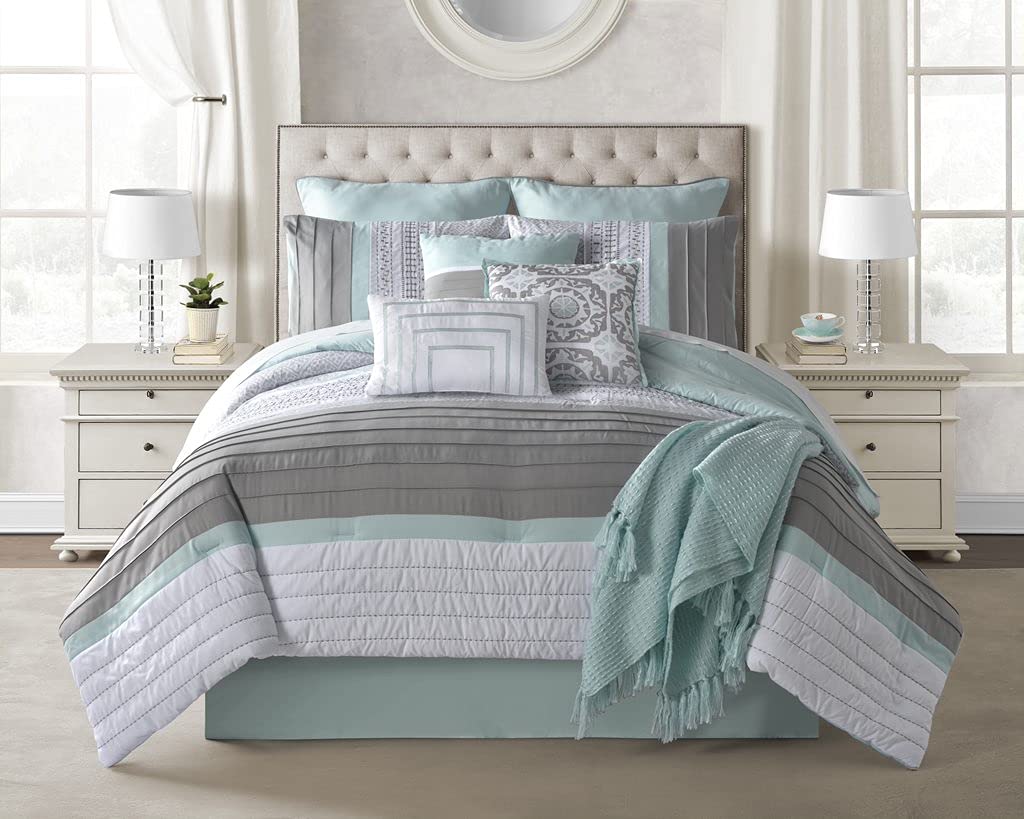 Premium 10-Piece Cotton Comforter Set King Size - Soft Teal & Turquoise Bedding Includes Comforter, Bed Skirt, Pillow Shams, Euro Shams, Throw Pillows & Blanket - Luxury Bedroom Decor for Master Suite, Guest Room & Hotel Style Makeover