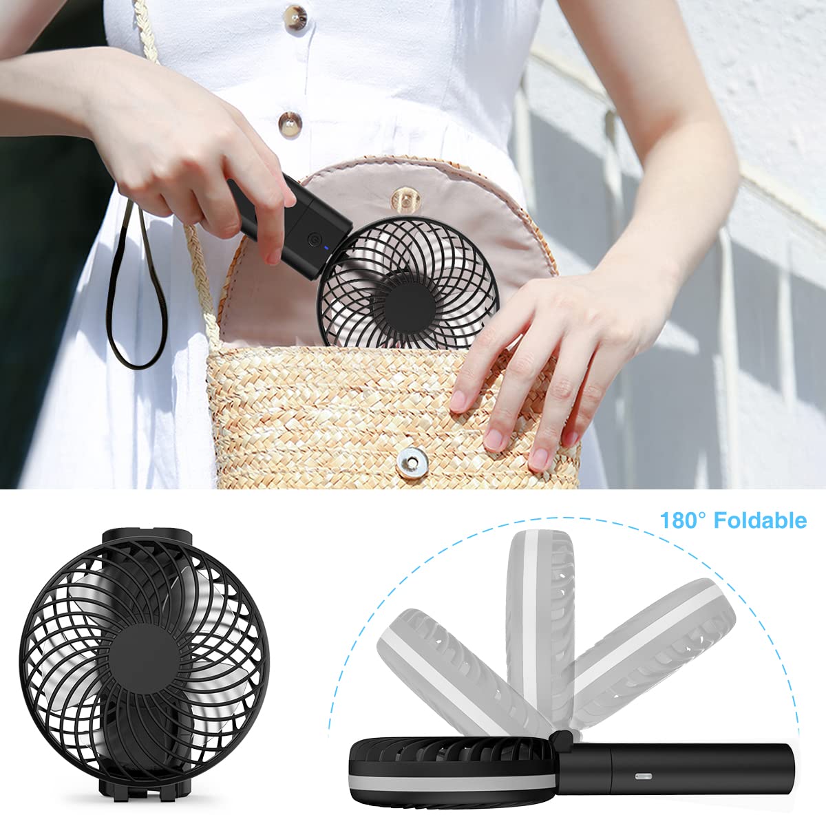 Portable USB Rechargeable Handheld Fan with 5200mAh Power Bank - 5 Speed Mini Foldable Desk Fan with LED Display for Home, Office & Travel - Perfect for Indoor Use, Outdoor Activities and Hot Weather Cooling