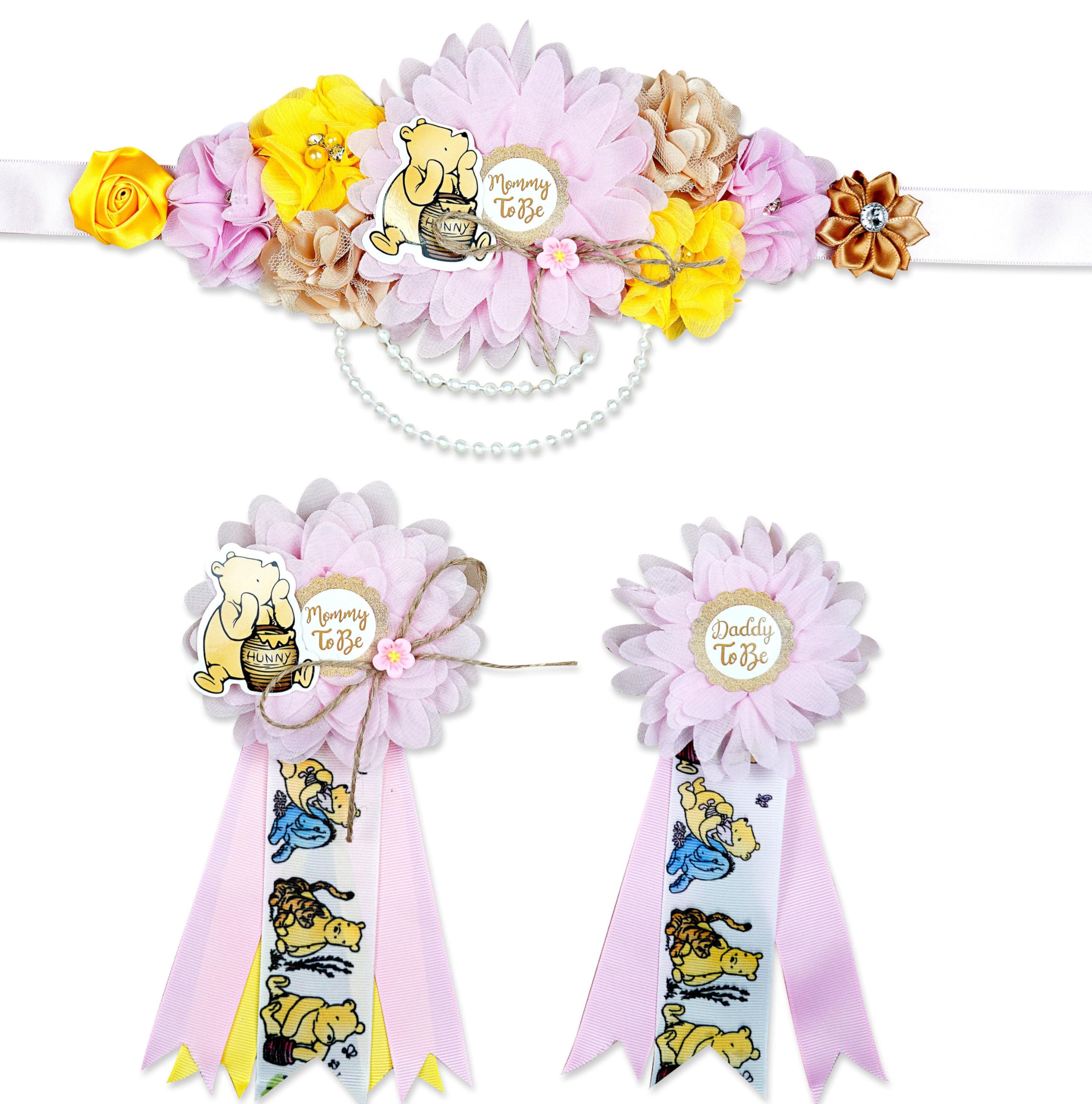 3 Pack Bear Mom to Be & Daddy to Be Sash Set - Baby Shower Corsage Pins, Maternity Sash Belly Belt for Gender Reveal Party Decor - Perfect for Baby Shower, Gender Reveal & Maternity Photos (Pink Girl Theme)