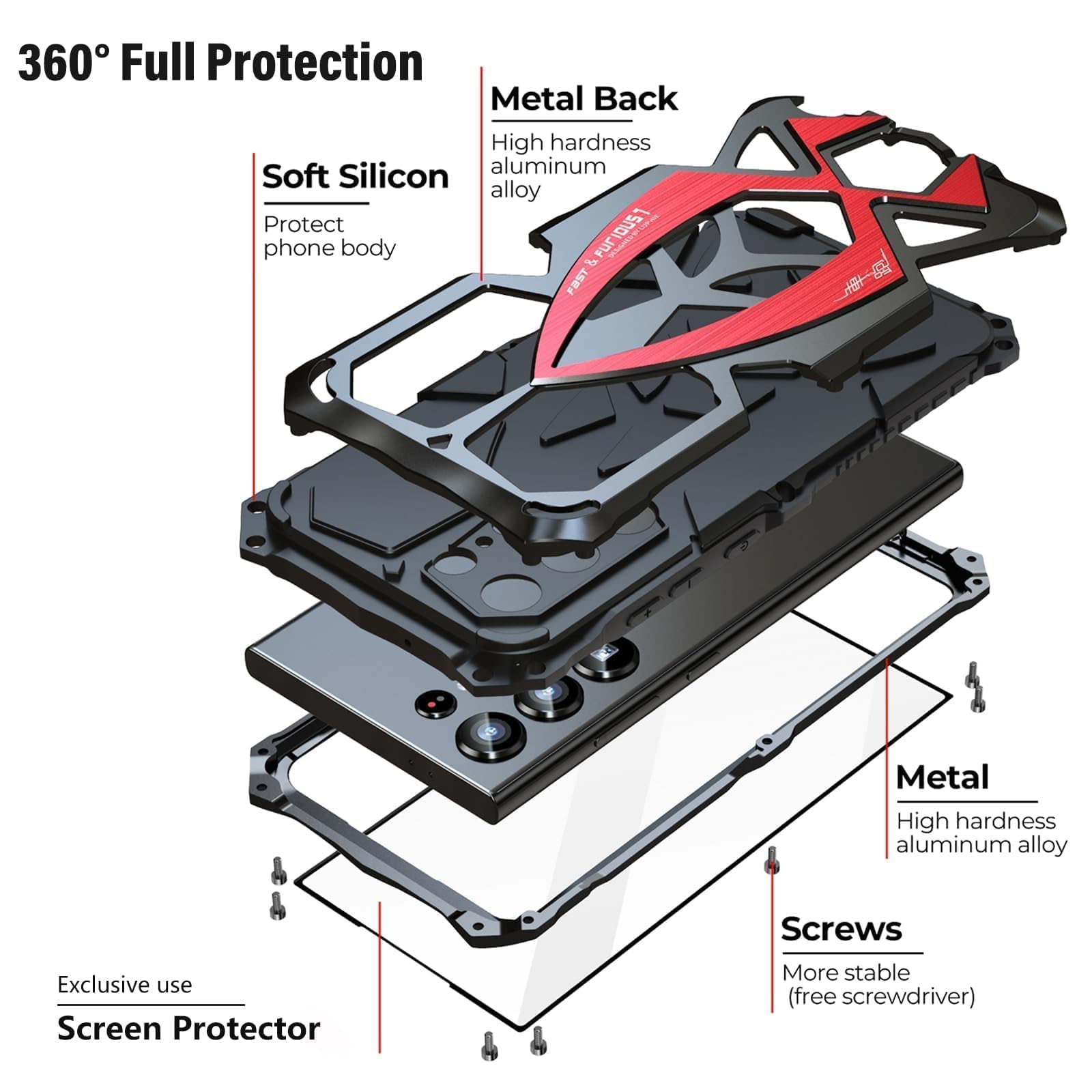 Military Grade Armor Phone Case for Samsung Galaxy S24 Ultra - Heavy Duty Hybrid Metal Bumper with Built-in Silicone Shockproof & Dustproof Protection (Black + Red) | Perfect for Outdoor, Construction, and Extreme Sports Use