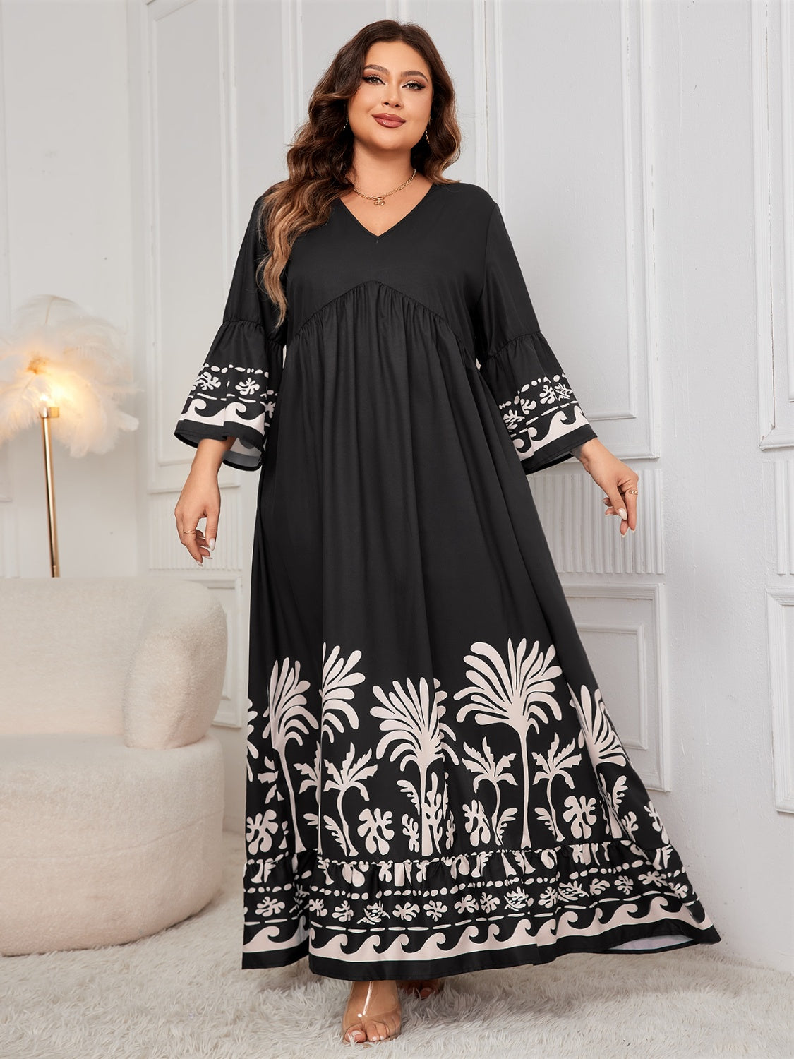 Stylish Plus Size Printed V-Neck Long Sleeve Maxi Dress for Women - Perfect for Casual Outings, Beach Vacations & Date Nights