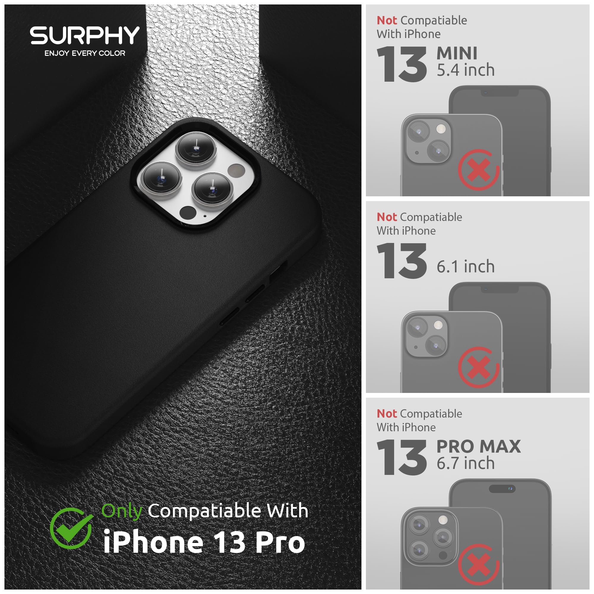 Premium Faux Leather iPhone 13 Pro Case (6.1 inch 2021) - SURPHY Slim Protective Cover with Metallic Buttons & Microfiber Lining | Perfect for Work, Travel & Everyday Use - Black