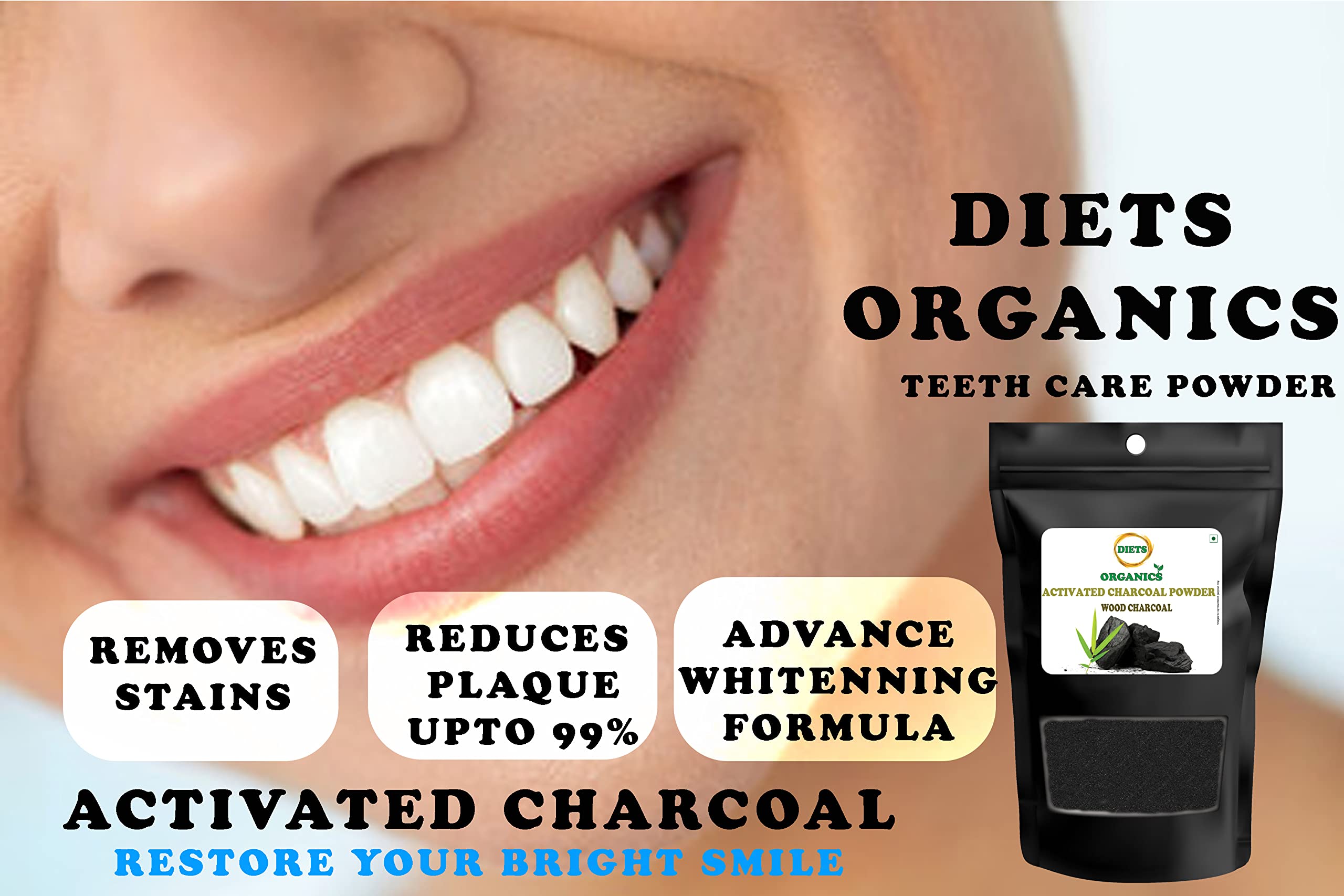 DIETS ORGANICS Activated Charcoal Powder for Face, Skin & Teeth Whitening - 250g Natural Detox & Brightening Solution | Perfect for DIY Skincare, Teeth Whitening & Deep Cleansing