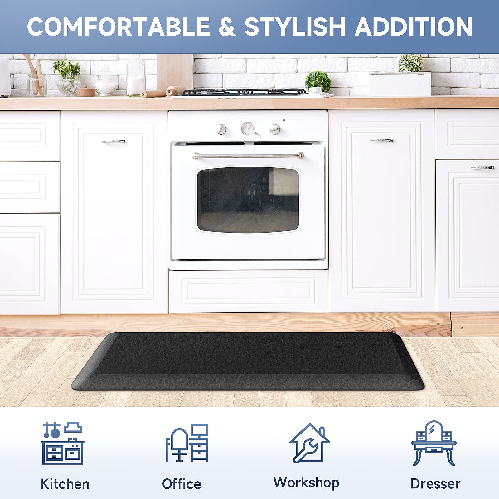 **StepRite 4/5 Inch Thick Anti-Fatigue Kitchen Mat – Non-Slip, Waterproof & Stain-Resistant – Comfortable Standing Mat for Kitchen, Office, Workshop – Black, 17
