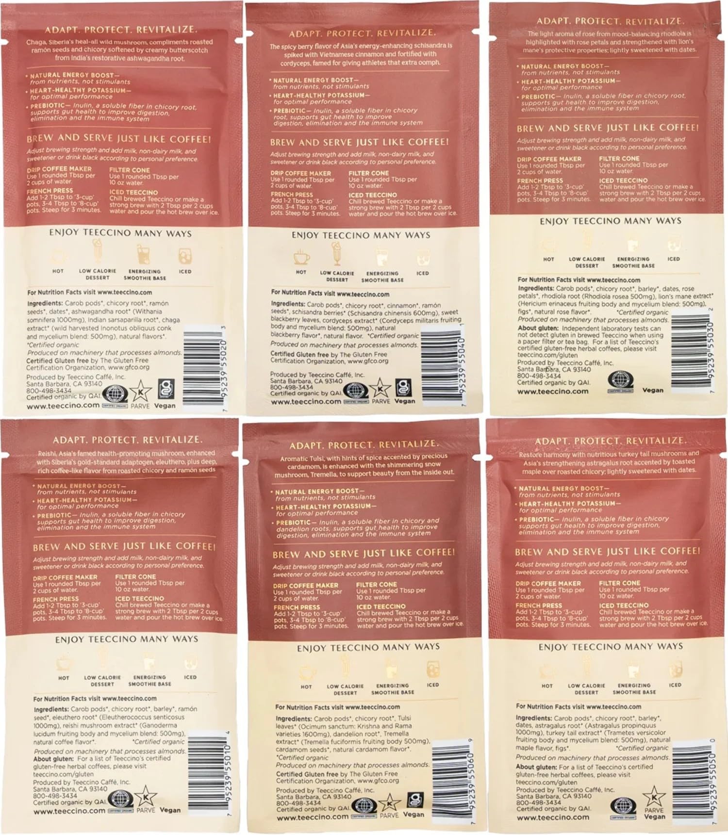 Organic Mushroom Adaptogen Herbal Coffee Sampler - 6 Pack Trial Size with Chaga, Ashwagandha, Reishi, Eleuthero & More - Caffeine-Free Coffee Alternative for Energy & Focus - Perfect for Morning Boost, Workout Recovery & Stress Relief