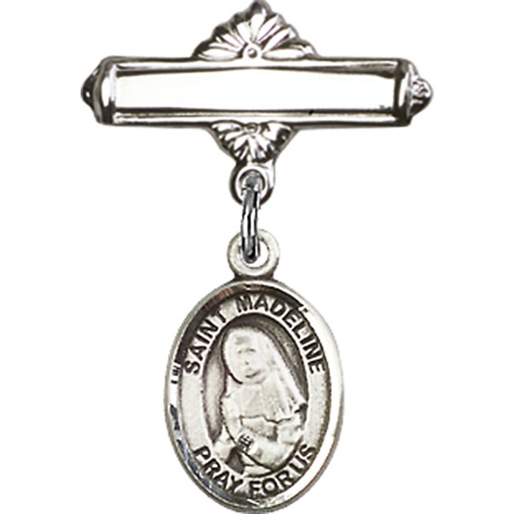 1 X 5/8 Inch Sterling Silver Baby Badge with St. Madeline Sophie Barat Charm - Polished Pin for Christening, Baptism & First Communion Gifts