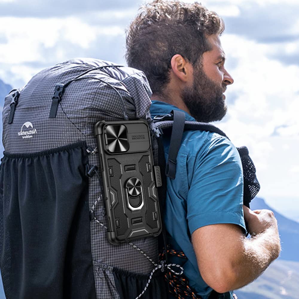VEGO Armor Heavy Duty Military Grade Protective Case for iPhone 13 Pro Max & iPhone 12 Pro Max - Shockproof Stand, Slide Camera Cover, Rugged Holster & Magnetic Car Mount Holder - Charcoal Black - Perfect for Outdoor Adventures, Construction Work & Daily Protection