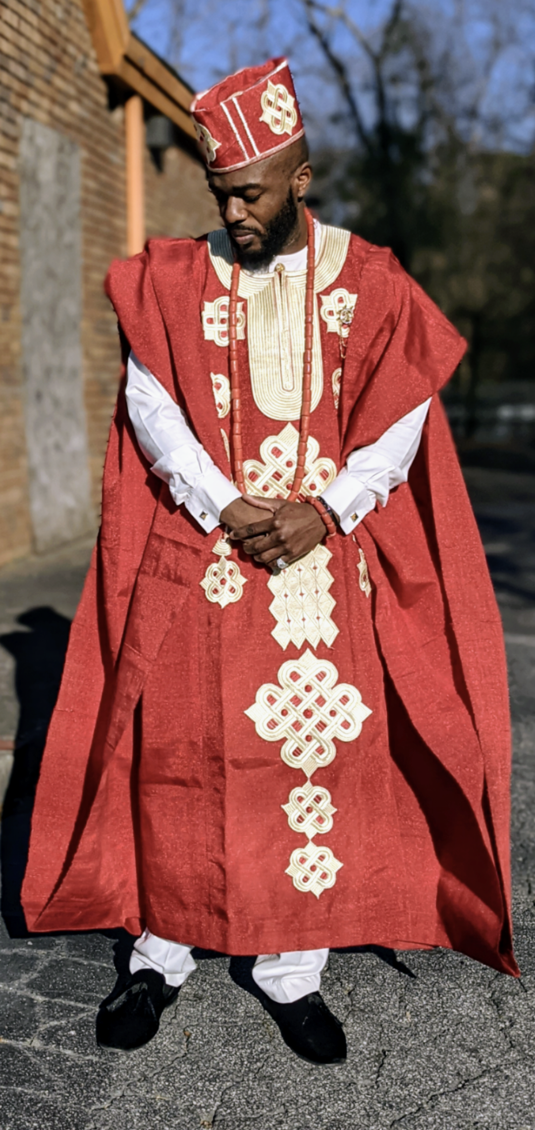 Awoniyi Red Beige Aso Oke Grandboubou Agbada Robe DPAW911 | African Traditional Attire for Men | Perfect for Weddings, Parties & Cultural Events
