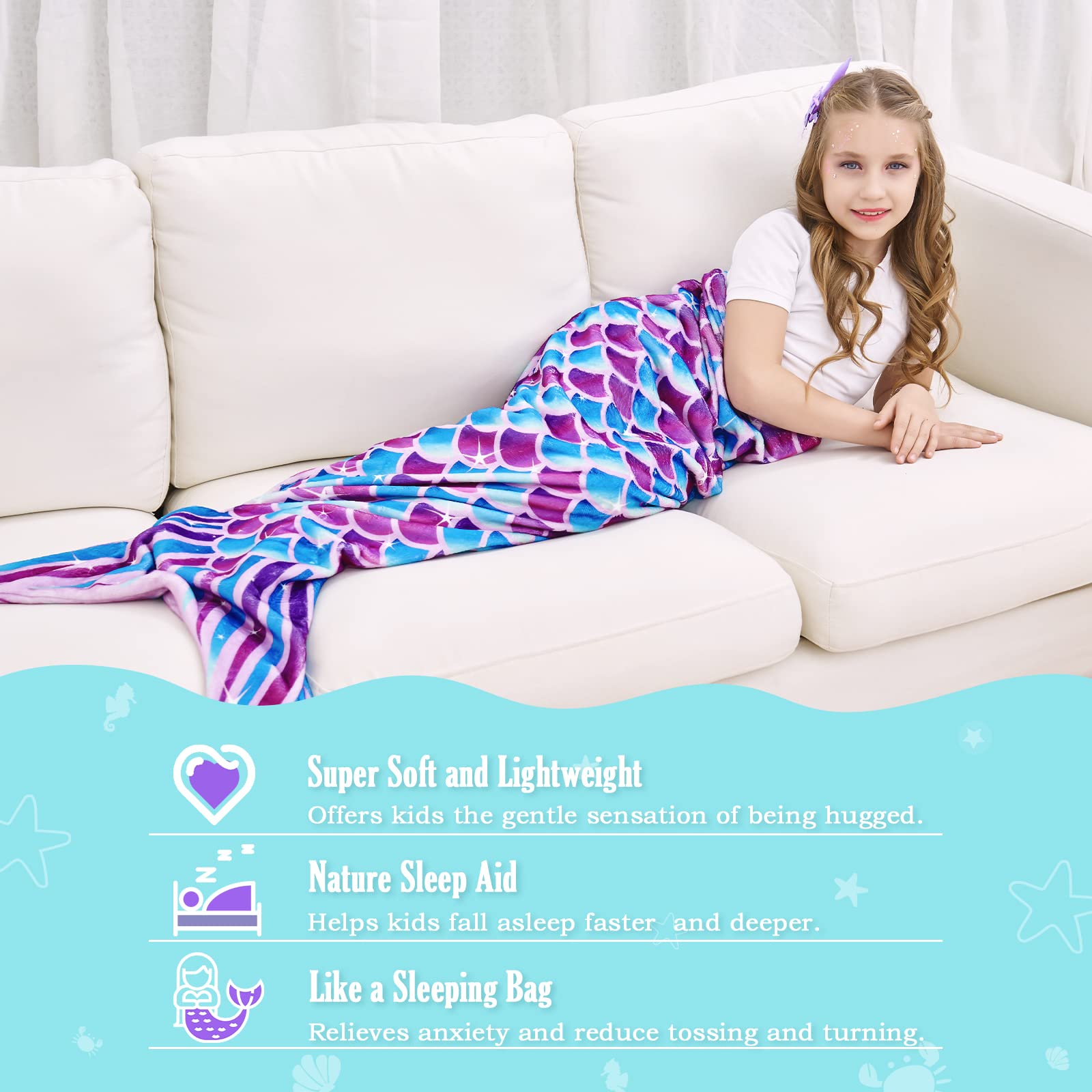 WERNNSAI Mermaid Tail Blanket for Girls & Teens - Soft Flannel Wearable Blanket with Sequin Hairpin Bracelet, 55