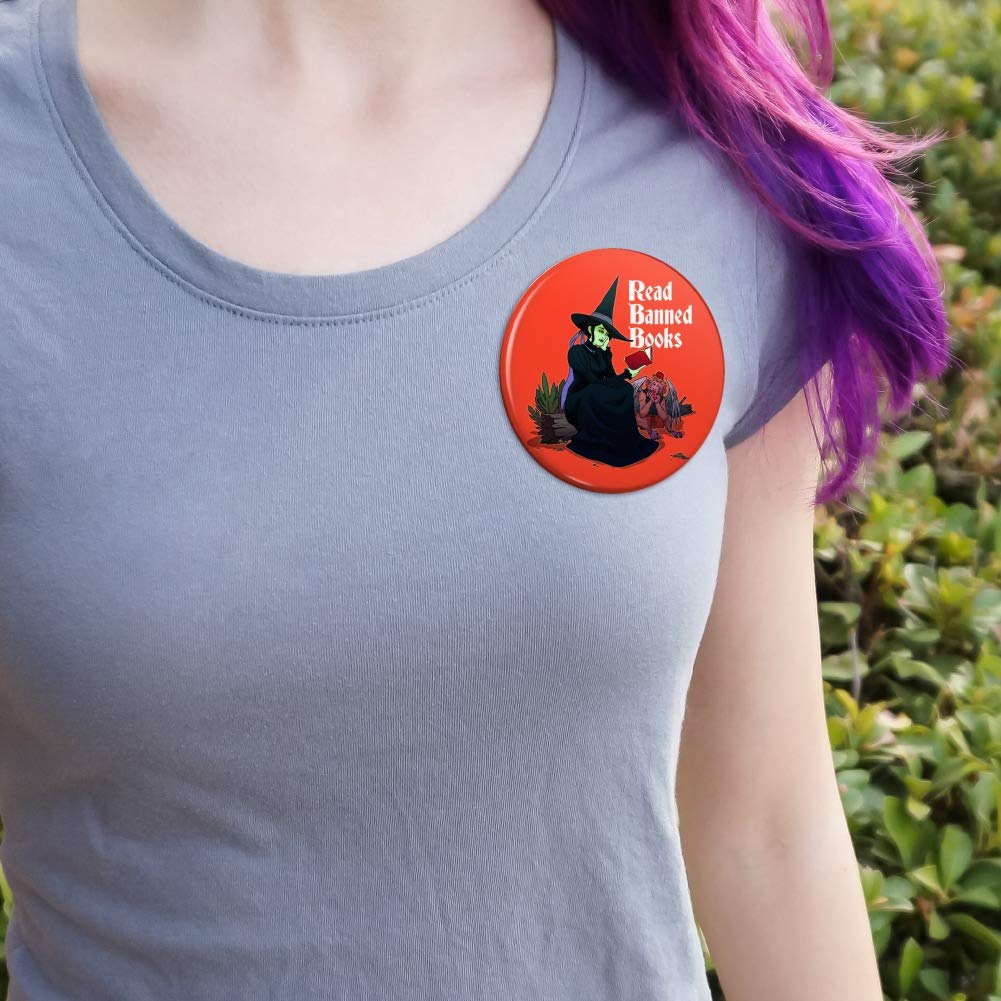 Witch and Monkey Pinback Button - Read Banned Books - Protest Pin for Backpacks, Jackets & Political Events