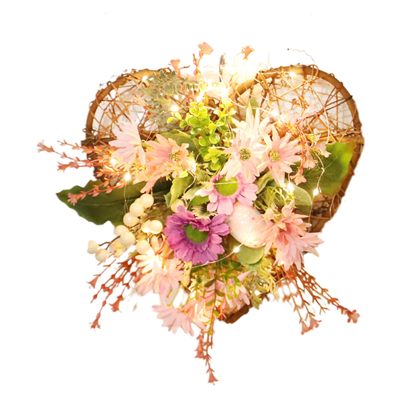 Easter Wreath with LED Lights - Heart Shaped Spring Floral Wreath, Artificial Egg & Chrysanthemum Garland for Front Door Decor (11.8 Inch) - Perfect for Easter, Spring Home Decor & Holiday Door Hanging
