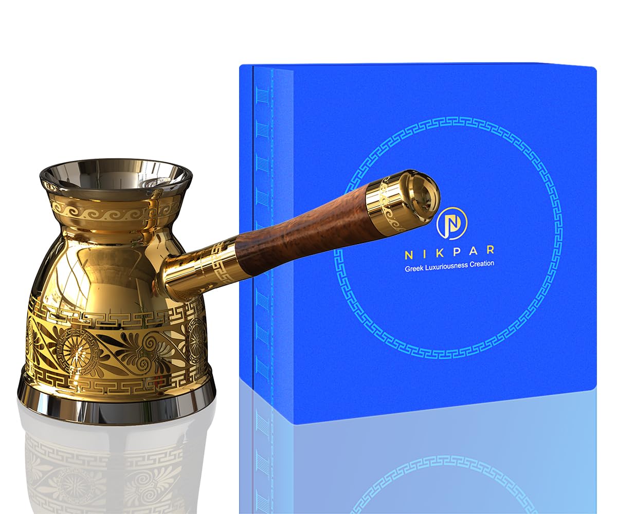 Premium NIKPAR Greek Coffee Pot - Macedonian Collection Turkish Arabic Cezve with Detachable Handle, Laser Engraved Briki, 16oz Medium Size for Authentic Brewing | Perfect for Home Coffee Making, Gift Giving & Traditional Mediterranean Coffee Ceremonies