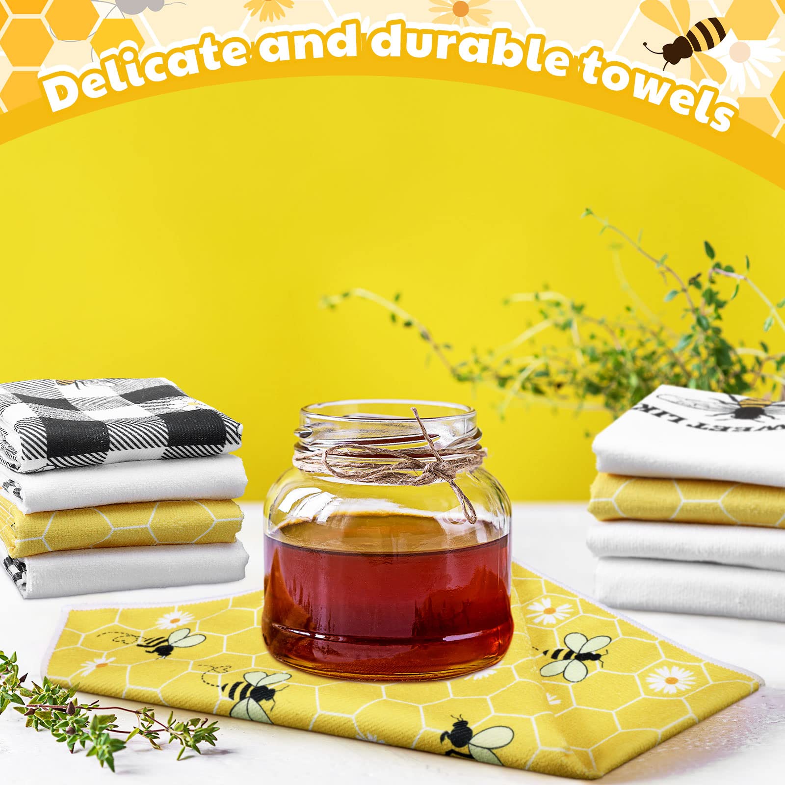 Oudain 6-Pack Honey Bee Kitchen Towels - 15.8x23.6 Inch Absorbent Dish Cloths & Tea Towels - Cute Bee-Themed Home Decor for Kitchen, Bathroom - Perfect Housewarming Gift for Bee Lovers (Use for Drying Dishes, Decorating Farmhouse Kitchen, Hostess Gifts)
