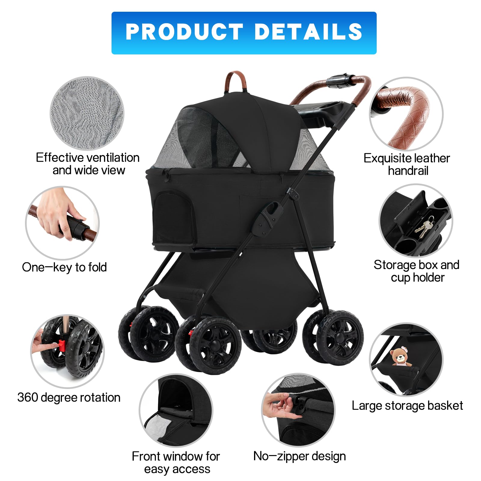 3-in-1 Foldable Pet Stroller for Small & Medium Dogs & Cats - 4 Wheel Multifunctional Travel System with Storage Basket | Perfect for Outdoor Walks, Vet Visits & Shopping Trips