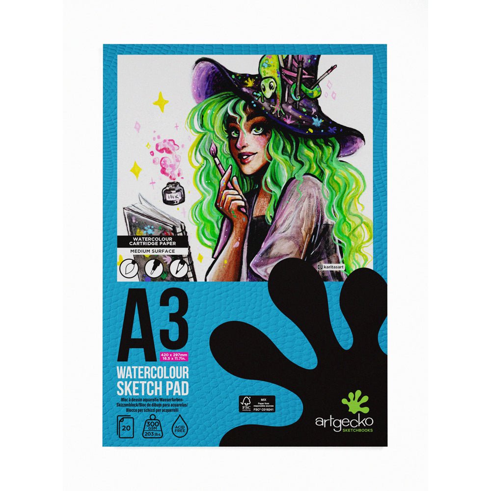 Artgecko Pro Watercolor Sketchpad A3 - 20 Sheets 300gsm White Paper for Artists, Painting & Sketching - Perfect for Watercolor, Gouache & Ink Art Projects