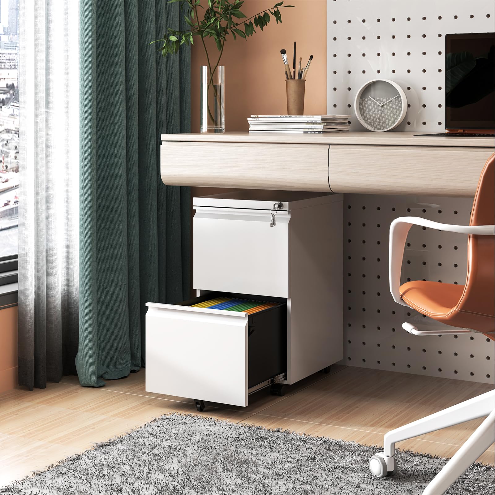 2 Drawer Mobile File Cabinet - Metal Under Desk Rolling Storage with Lock & Wheels, Fully Assembled Home Office Organizer for Legal/Letter Hanging Folders (White) - Perfect for Small Spaces & Office Organization