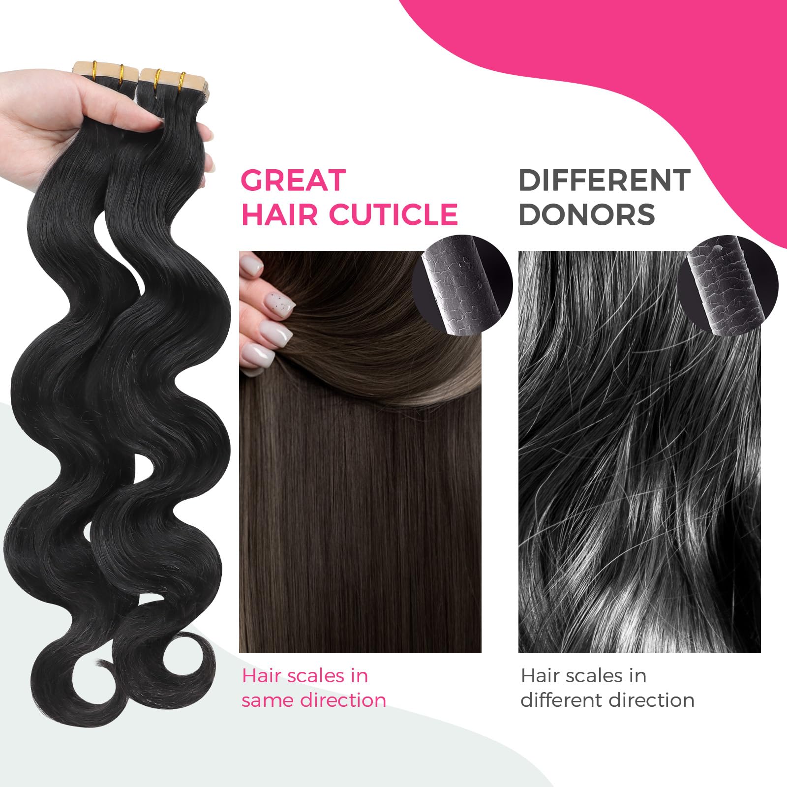Lashey 40pcs 100g Natural Black Body Wave Human Hair Tape-in Extensions - 24 Inch Long Real Human Hair with Skin Weft for Women | Perfect for Volume Boost, Styling & Special Occasions