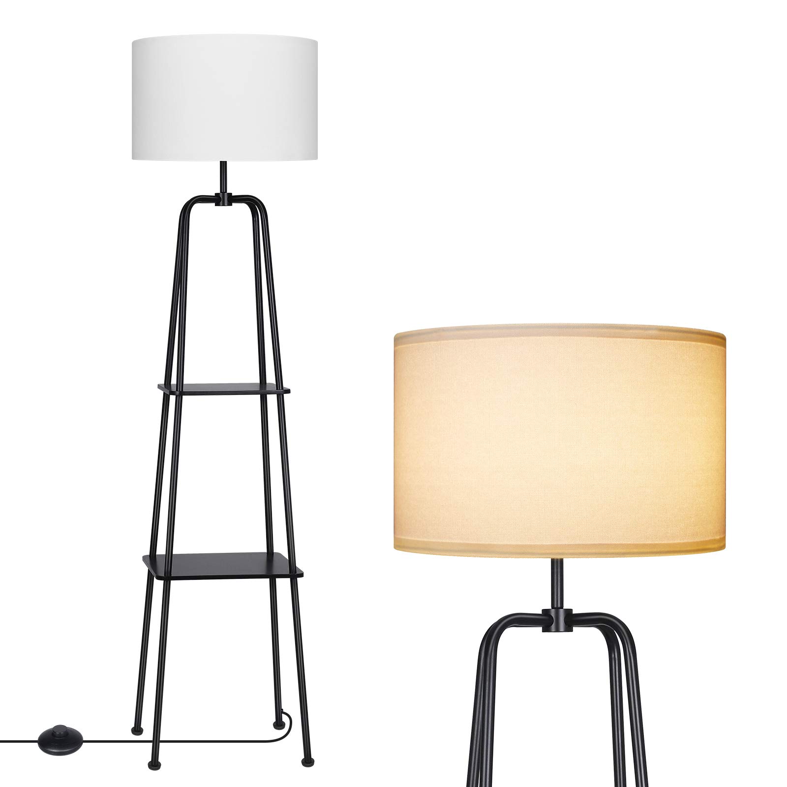DEWENWILS 60-inch Modern Black Floor Lamp with 2-Tier Shelves, White Linen Drum Shade - Reading & Display Standing Lamp for Living Room, Bedroom, Office - Perfect for Book Lovers & Home Decor Storage