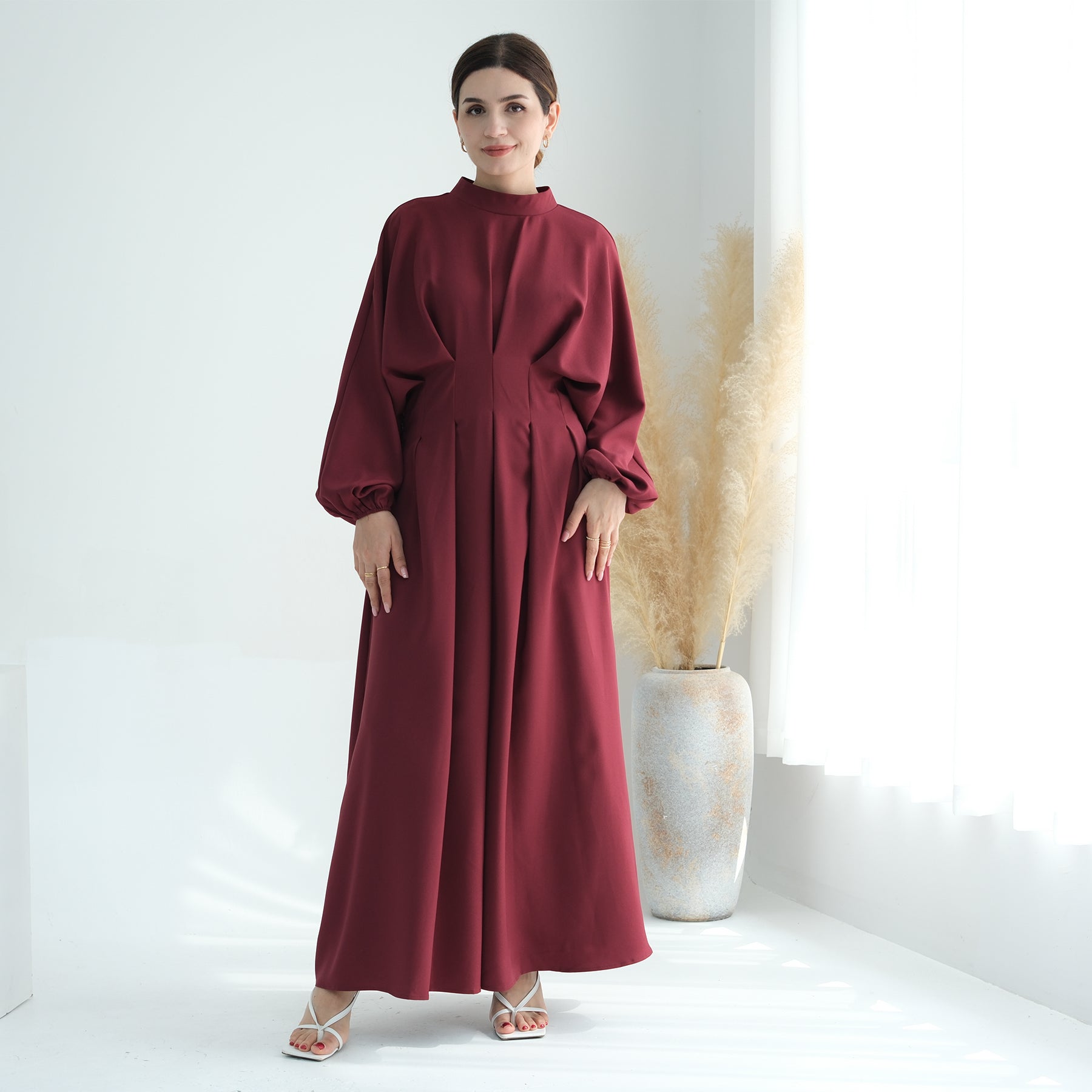 Madison Long Sleeve Maxi Dress for Women - Elegant Wine Red Flowy Formal Gown with Side Slits, Perfect for Weddings, Parties & Special Occasions