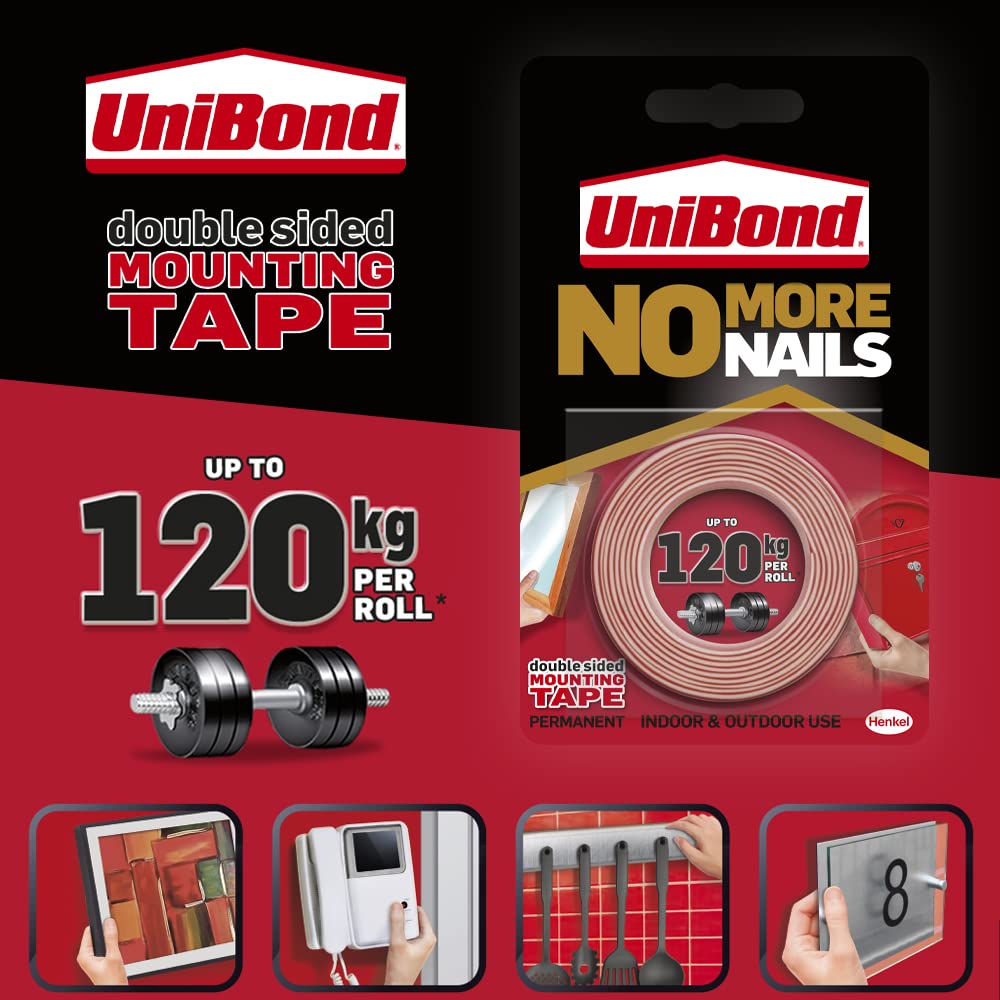 UniBond No More Nails Double-Sided Adhesive Tape - 19mm x 1.5m Strong Instant Bonding Roll for Walls, Hooks, Carpets & Home Decor | Indoor & Outdoor Multipurpose Mounting Solution