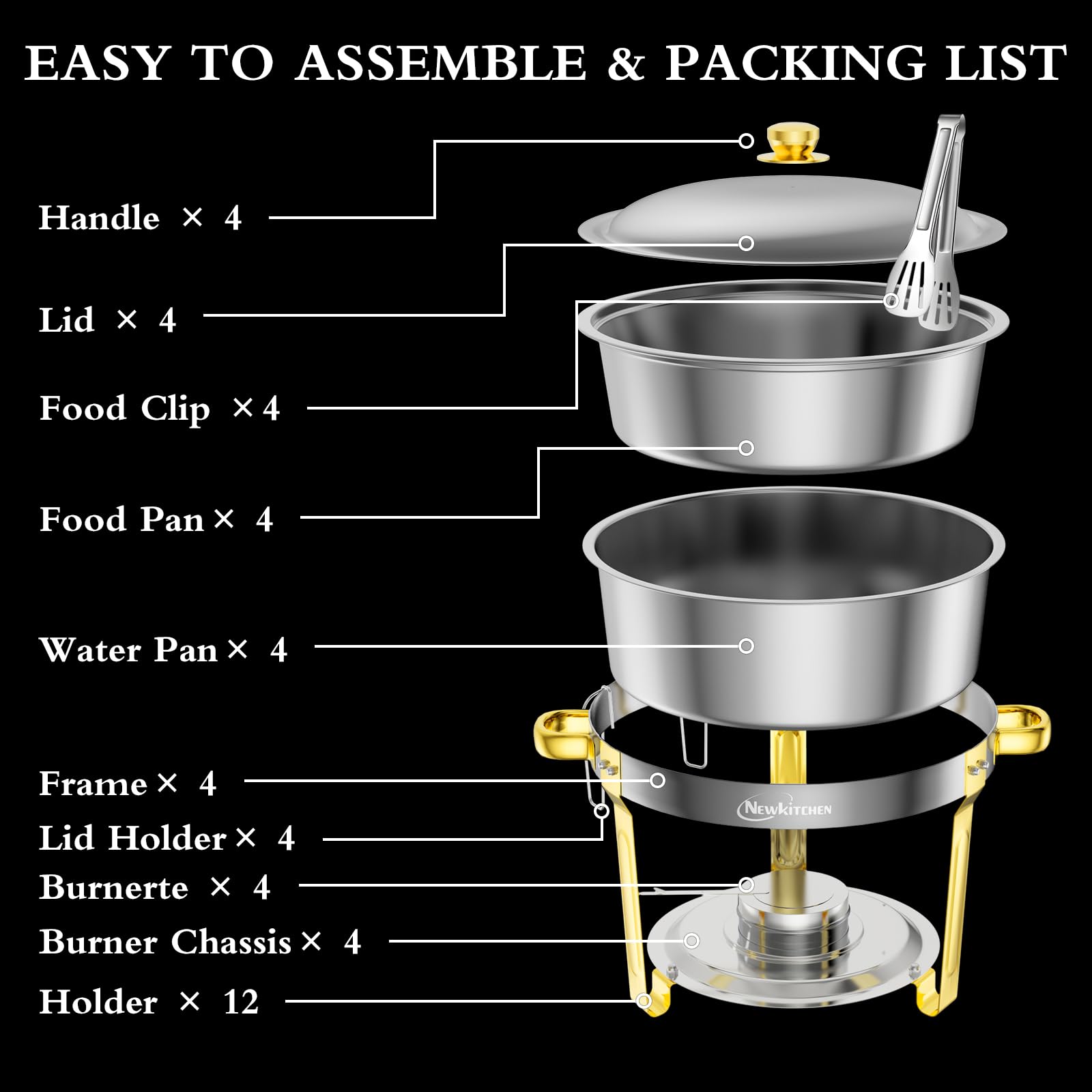 4-Pack 6QT Round Stainless Steel Chafing Dishes for Buffet - Elegant Gold & Silver Serving Set for Catering, Weddings, Parties & Events | Keep Food Warm at Receptions, Banquets & Buffet Lines