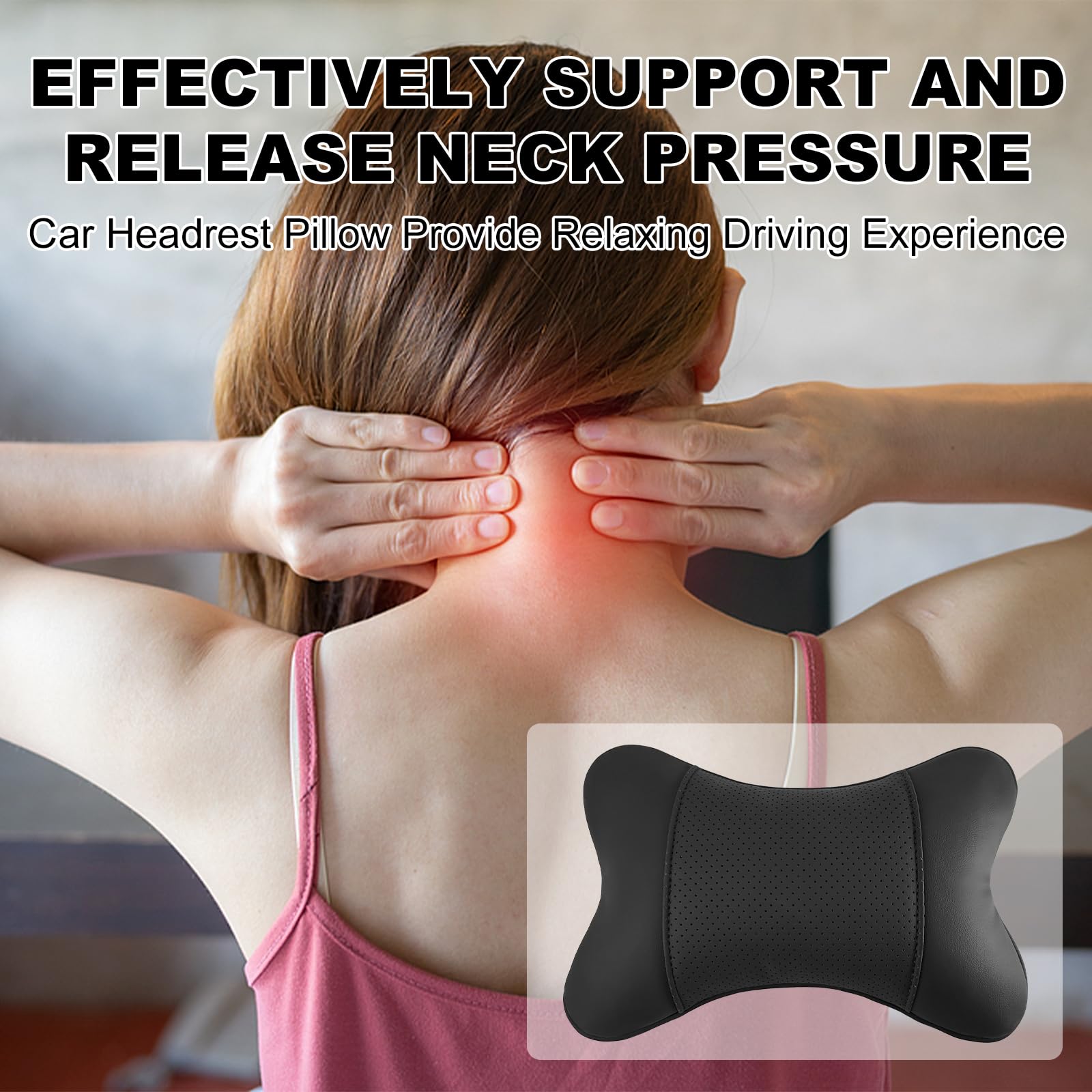 2 Pack Car Neck Pillow - PU Leather Automotive Headrest Pillow for Neck Pain Relief - Universal Car Travel Pillow (Black) - Perfect for Long Road Trips & Commuting Comfort