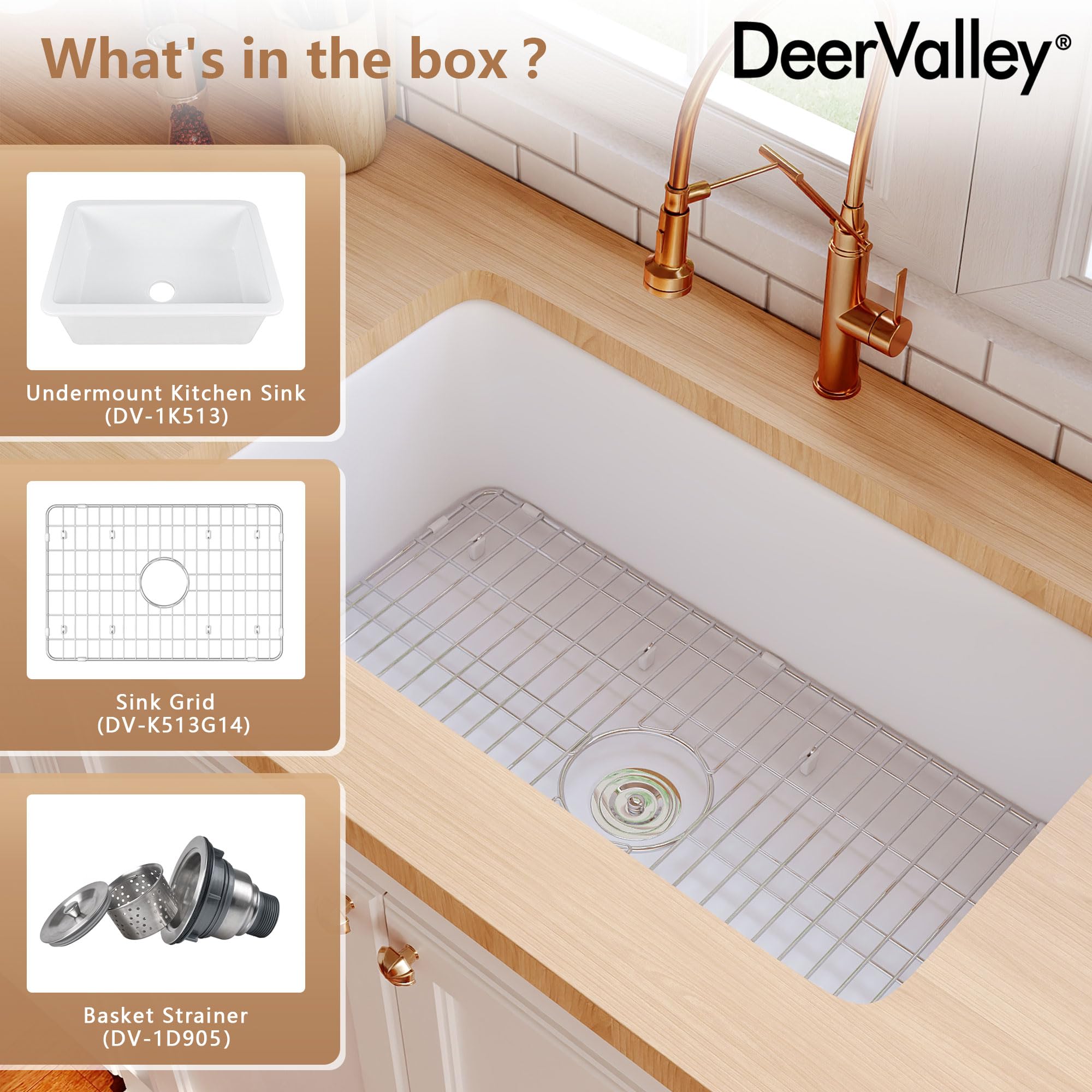 DeerValley Fireclay White Undermount Kitchen Sink - 32 x 19 Inch Single Bowl Farmhouse Sink with Grid & Basket Strainer - Perfect for Modern Farmhouse, Rustic, and Traditional Kitchen Designs