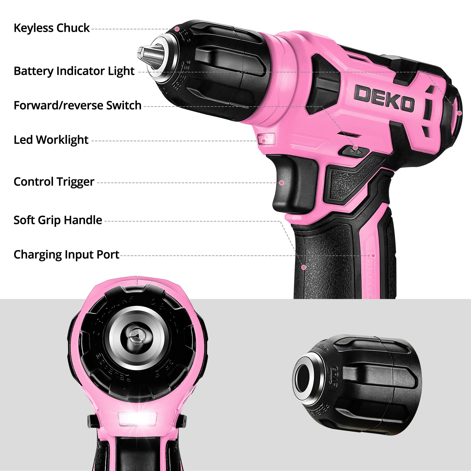 DEKOPRO 126-Piece Pink Cordless Drill Set - 8V Power Drill, Home Tool Kit with Accessories for DIY Projects, Woodworking & Home Repairs - Perfect for Women & Beginners