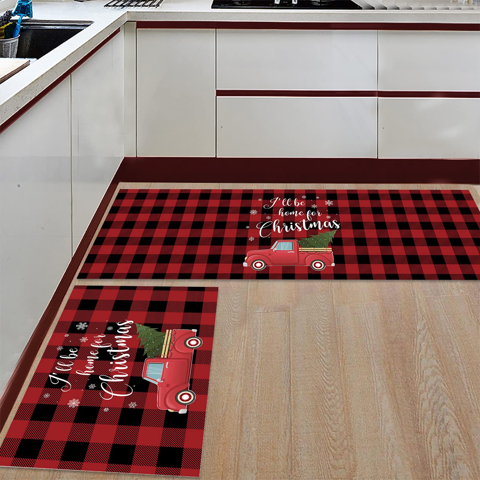 Christmas Kitchen Rug Set 2-Piece Non-Slip Floor Mats - Red Truck Holiday Doormat & Buffalo Check Indoor Mat (19.7
