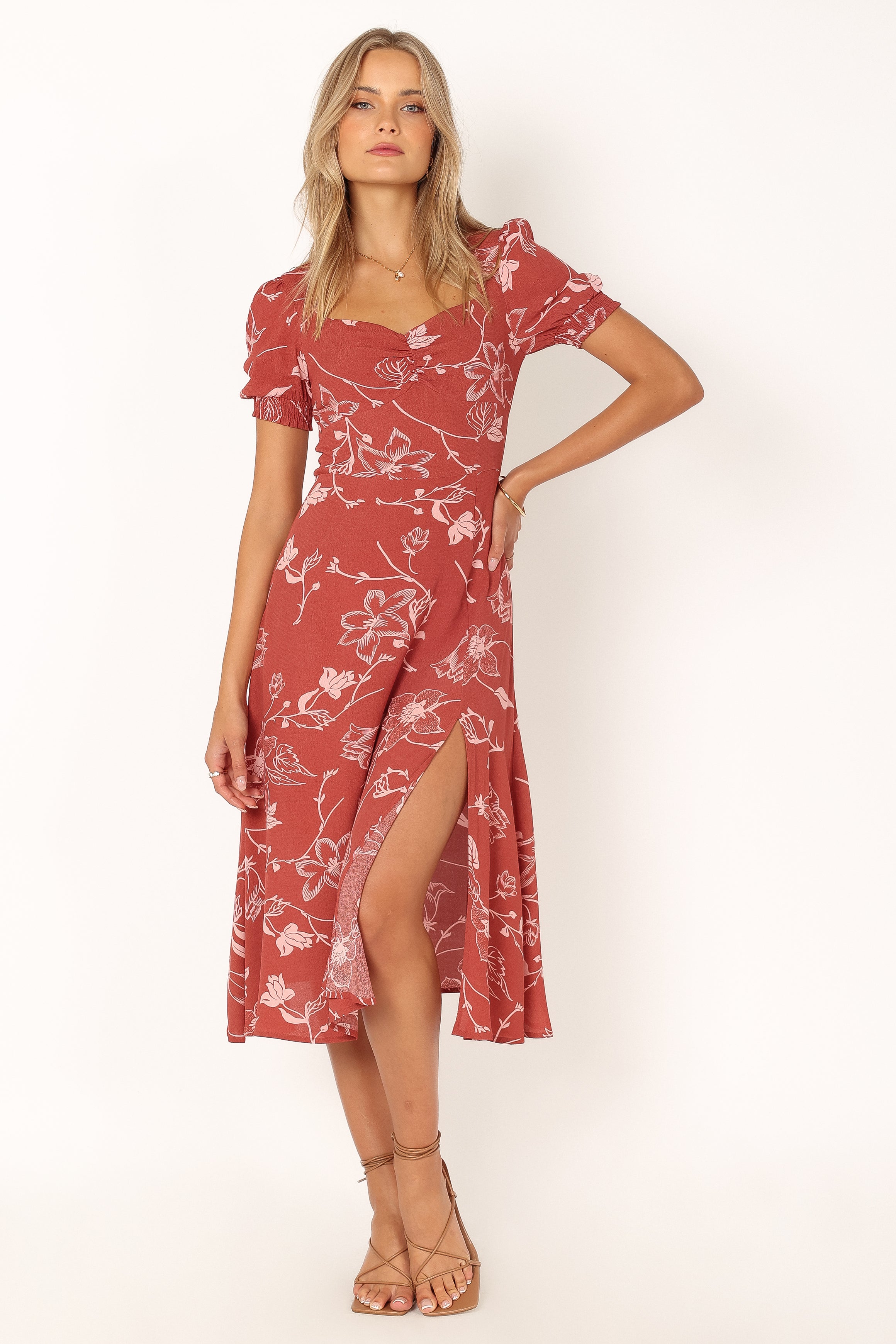 Franklin Dress - Rust Floral Print Women's Maxi Dress | Boho Chic Summer Dress for Beach, Vacation & Casual Wear