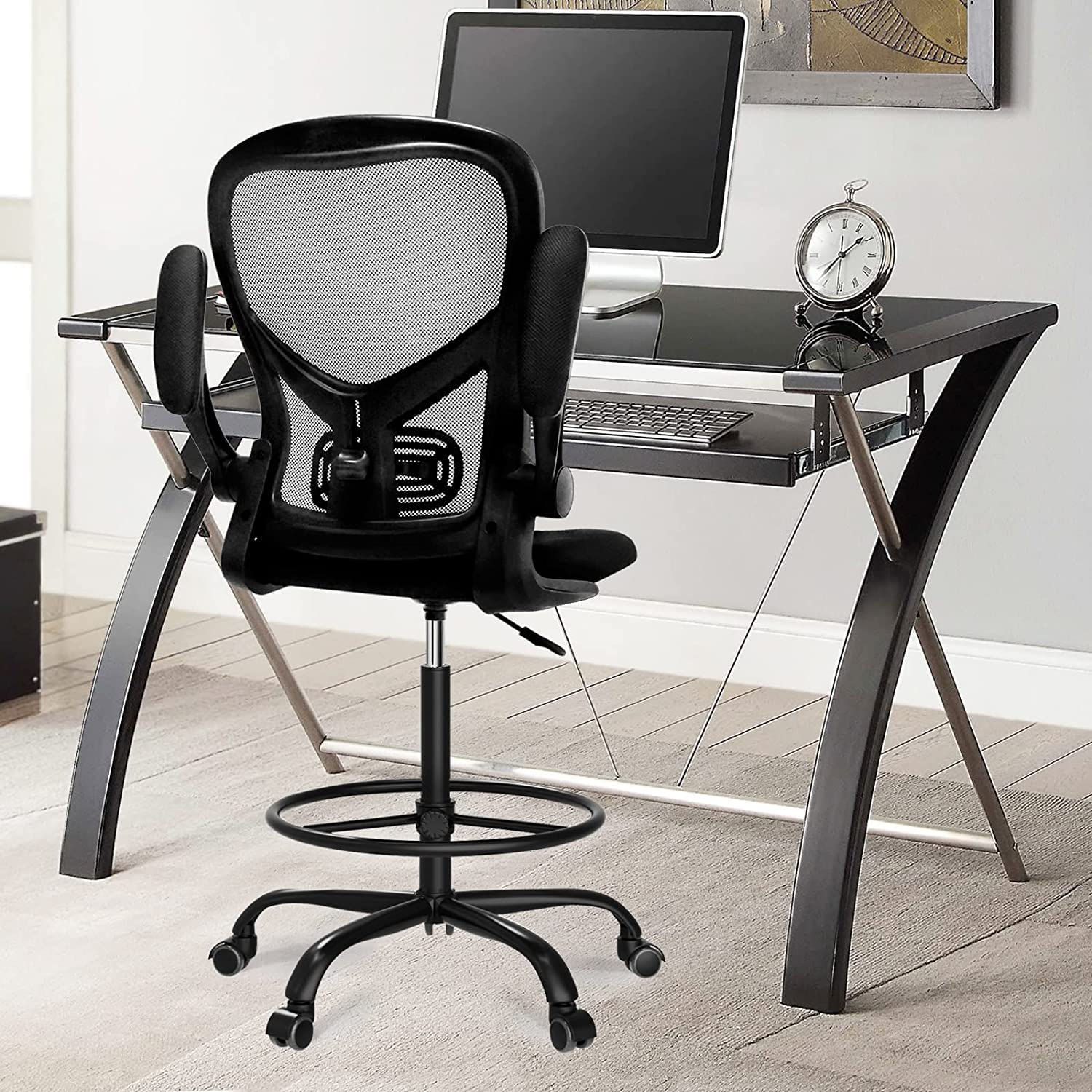 Ergonomic Drafting Chair with Foot Ring & Flip-Up Arms - Adjustable Height Mesh Office Chair for Standing Desks - Comfortable Computer Task Chair for Home & Office Use - Perfect for Architects, Designers & Long Work Sessions - Black