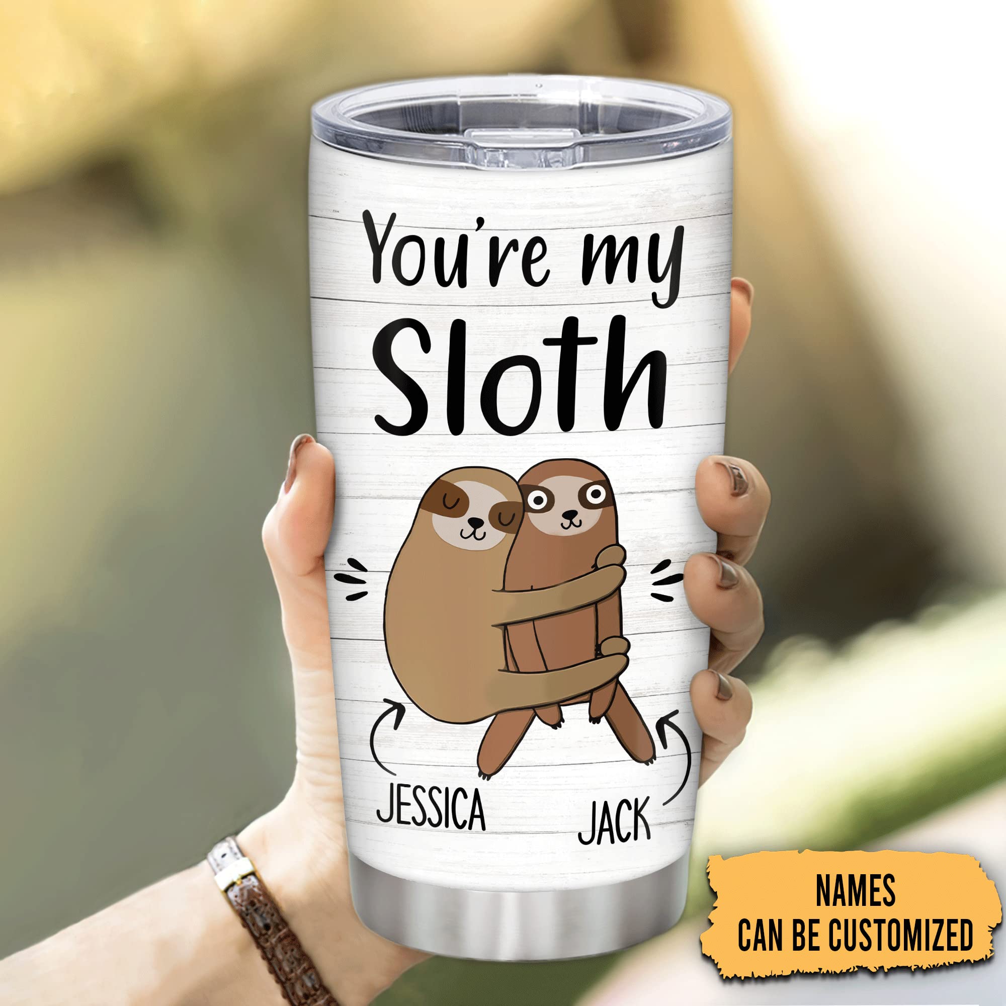 Custom Personalized Sloth Lovers Stainless Steel Tumbler 20oz with Lid - Engraved Couple Name Gift for Him & Her - Perfect Birthday, Christmas Present for Animal Lovers - Great for Coffee, Tea & Daily Use at Home, Office or Travel