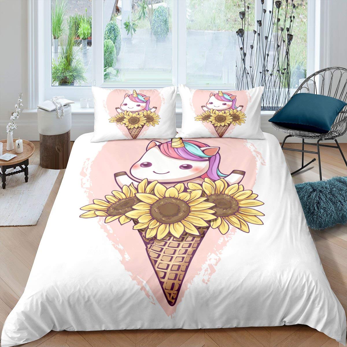 **Unicorn Sunflower Princess Peach Comforter Cover Set - Twin Size Pink Bedding for Girls & Boys, 2pc (Duvet Cover + Pillowcases) - Kids Room Decor, Fairy Tale Themed Bedclothes for Cozy Sleep & Play**