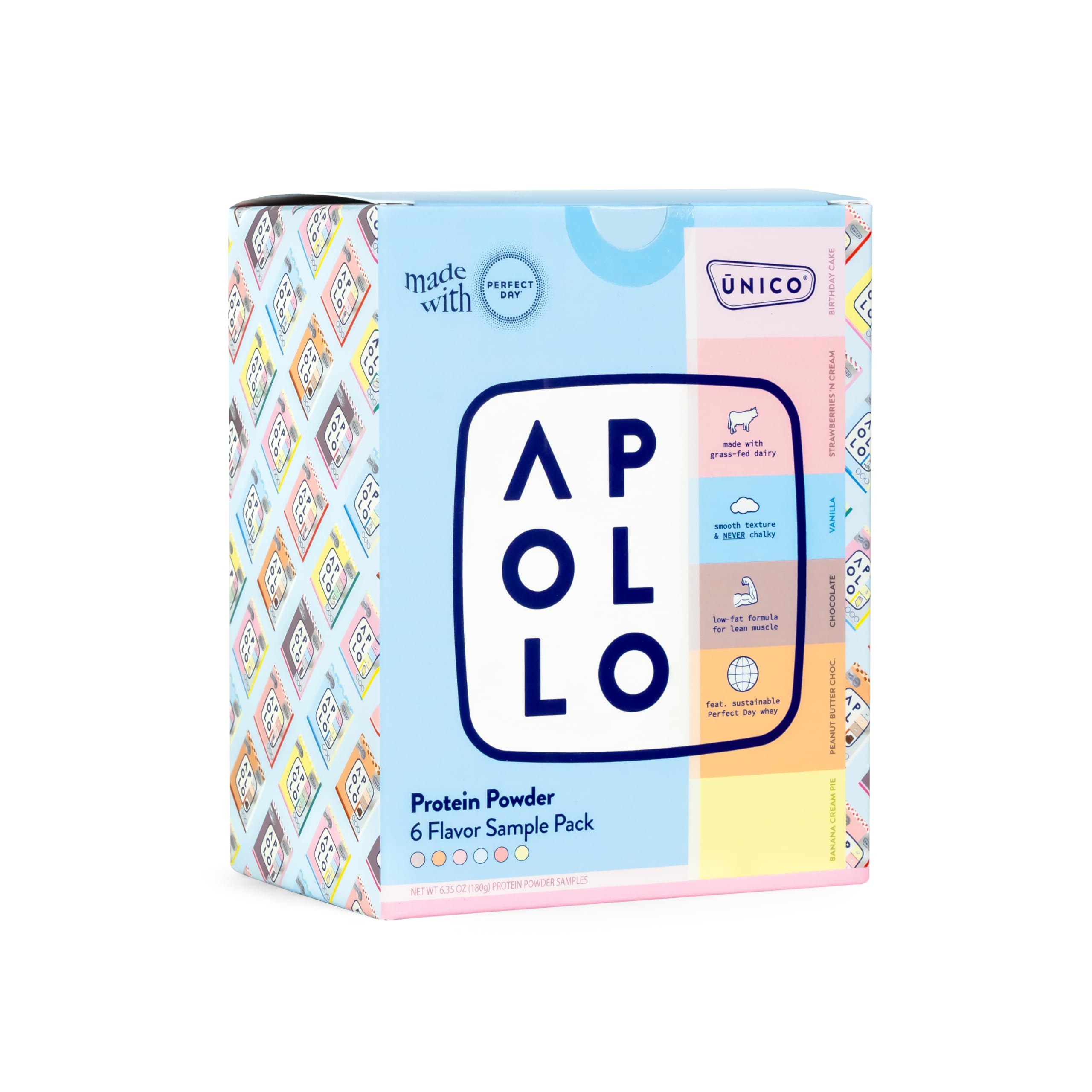 Unico Apollo Protein Powder Sample Pack - 6 Delicious Flavors in Single-Serve Pouches | Grass-Fed Whey, Casein & Egg White Protein Blend | Smooth Non-Chalky Texture | Perfect for Gym, Workout Recovery & Healthy Snacking