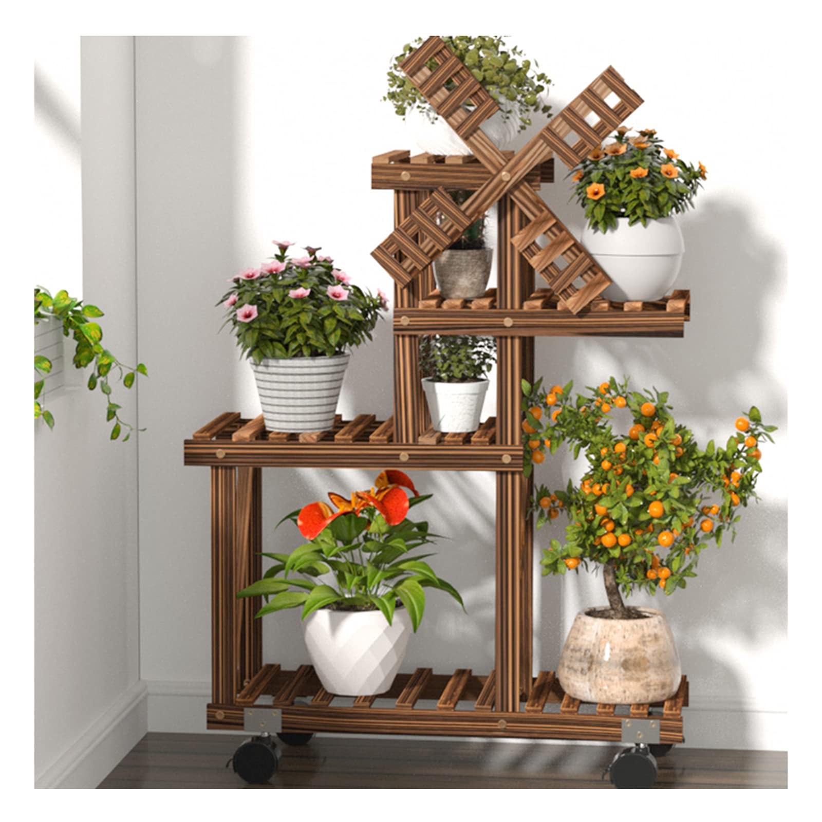 ZCL Home Fashion 4-Tier Wooden Plant Stand with Wheels - Indoor Outdoor Rolling Flower Pot Holder for Living Room, Balcony, Garden, Patio & Yard Decor | Perfect for Displaying Plants, Herbs and Decorative Items