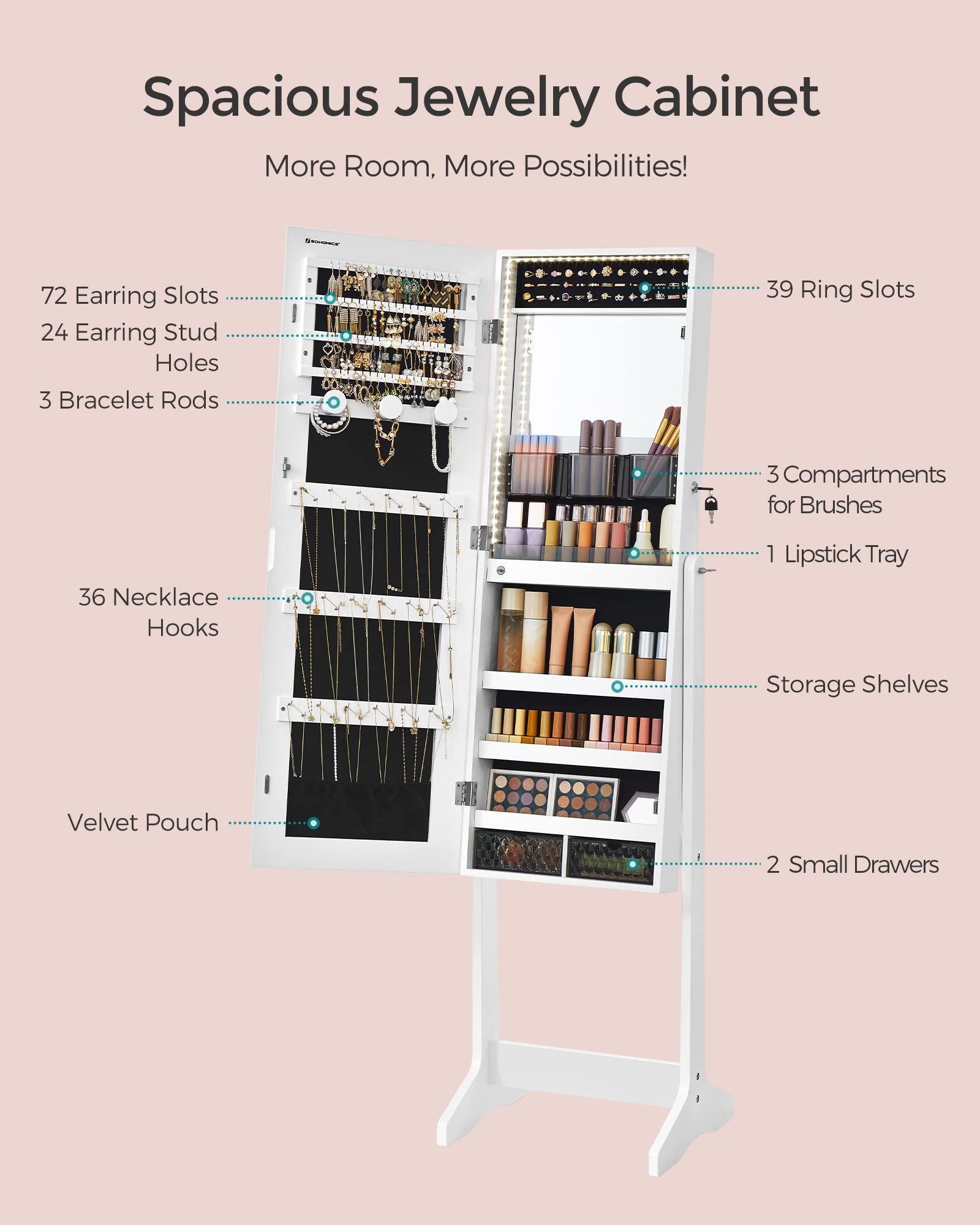 SONGMICS Full-Length LED Jewelry Cabinet with Mirror - White Standing Armoire Organizer with 2 Drawers & Lock, Frameless Design for Bedroom & Closet Storage | Perfect for Jewelry Display, Makeup Vanity & Home Decor