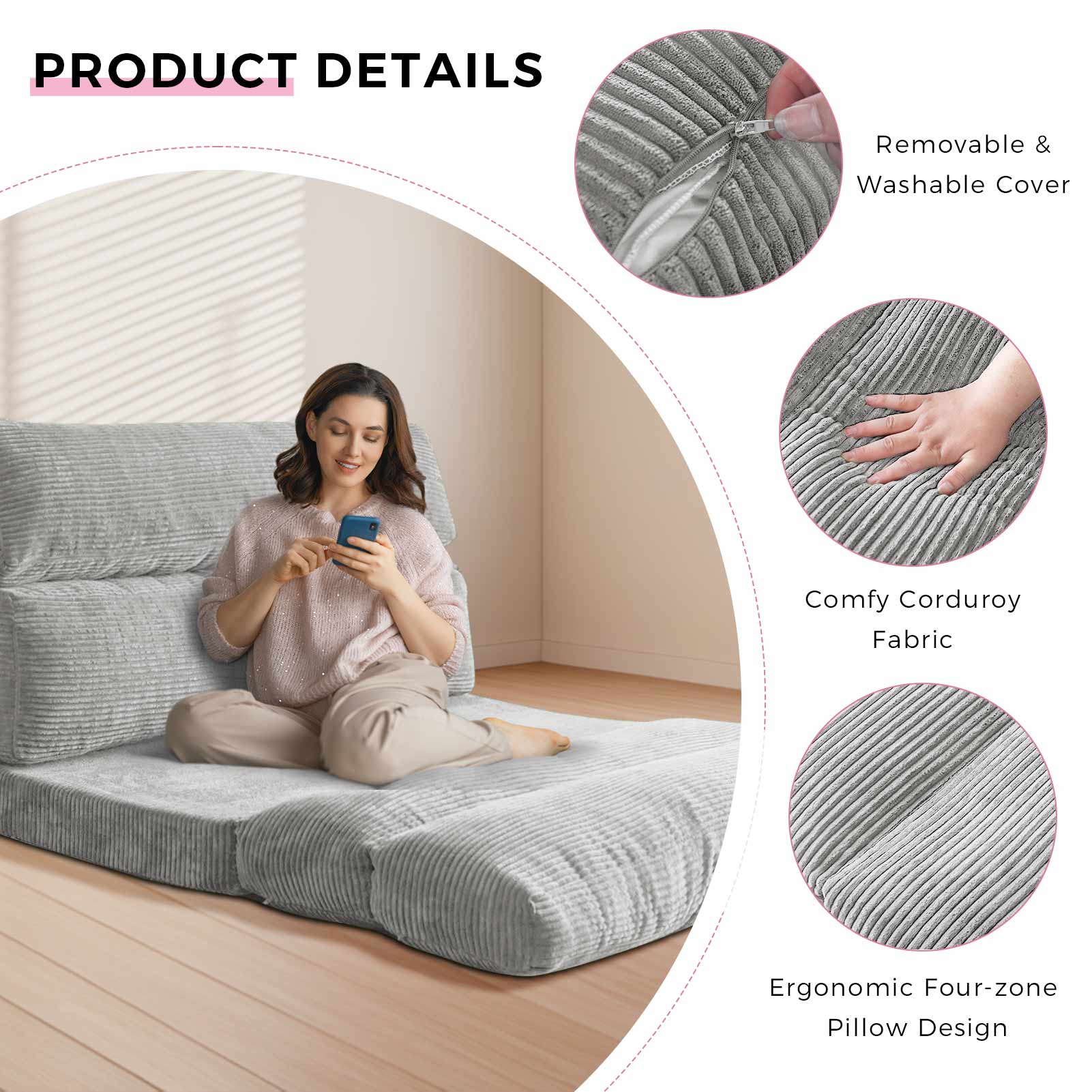 MAXYOYO Folding Sofa Bed - Corduroy Convertible Floor Mattress for Small Spaces, Light Gray | Perfect for Guest Rooms, Apartments & Studio Living